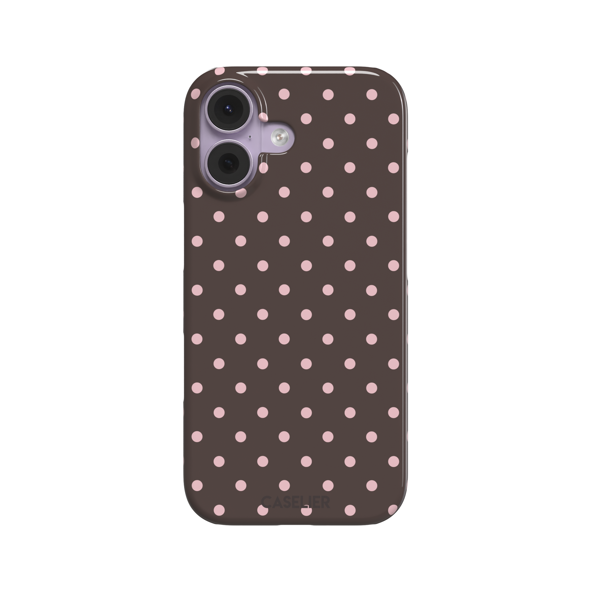 Polka dot phone case in deep brown with soft pink spots in an even all-over grid pattern, phone case by Caselier — snap case, front view