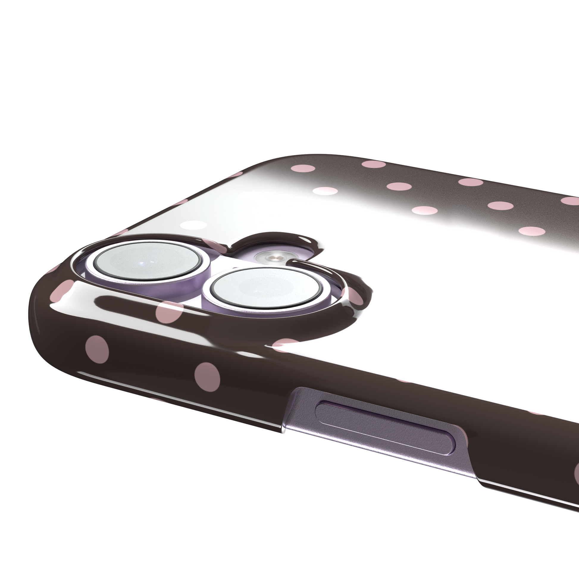 Polka dot phone case in deep brown with soft pink spots in an even all-over grid pattern, phone case by Caselier — snap case, volume buttons detail