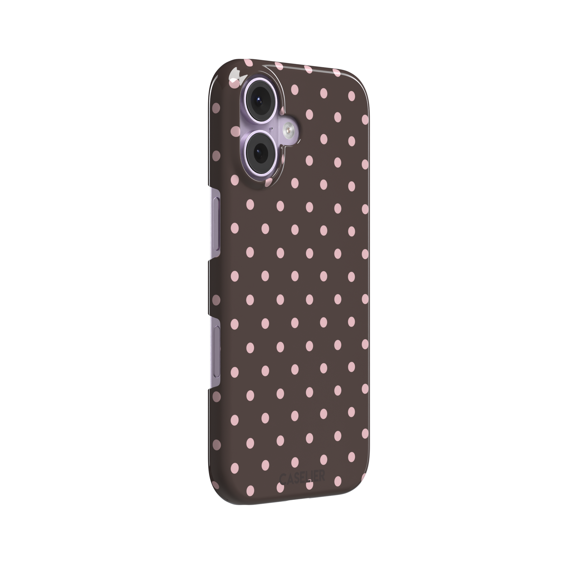 Polka dot phone case in deep brown with soft pink spots in an even all-over grid pattern, phone case by Caselier — snap case, left view