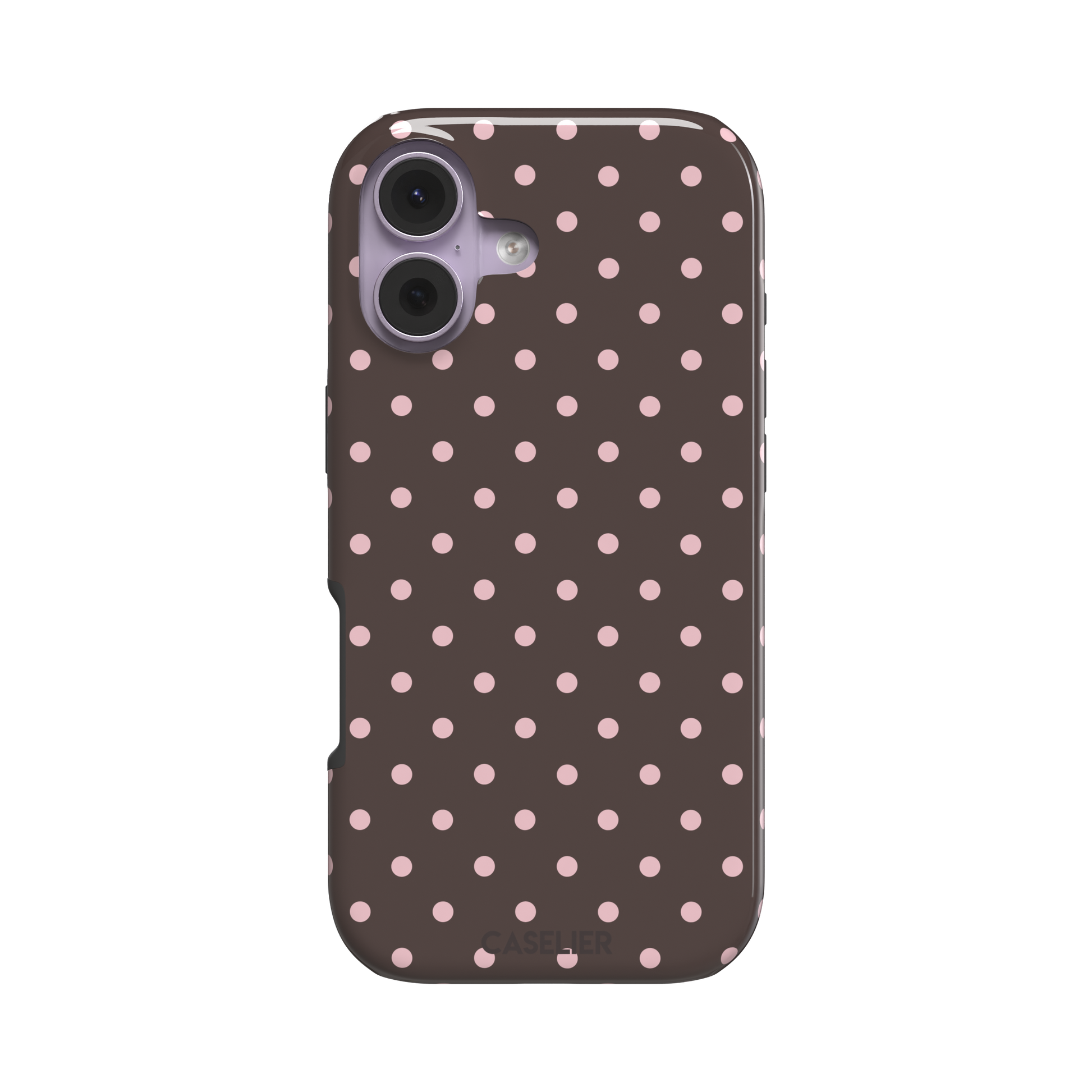 Polka dot phone case in deep brown with soft pink spots in an even all-over grid pattern, phone case by Caselier — tough case, front view