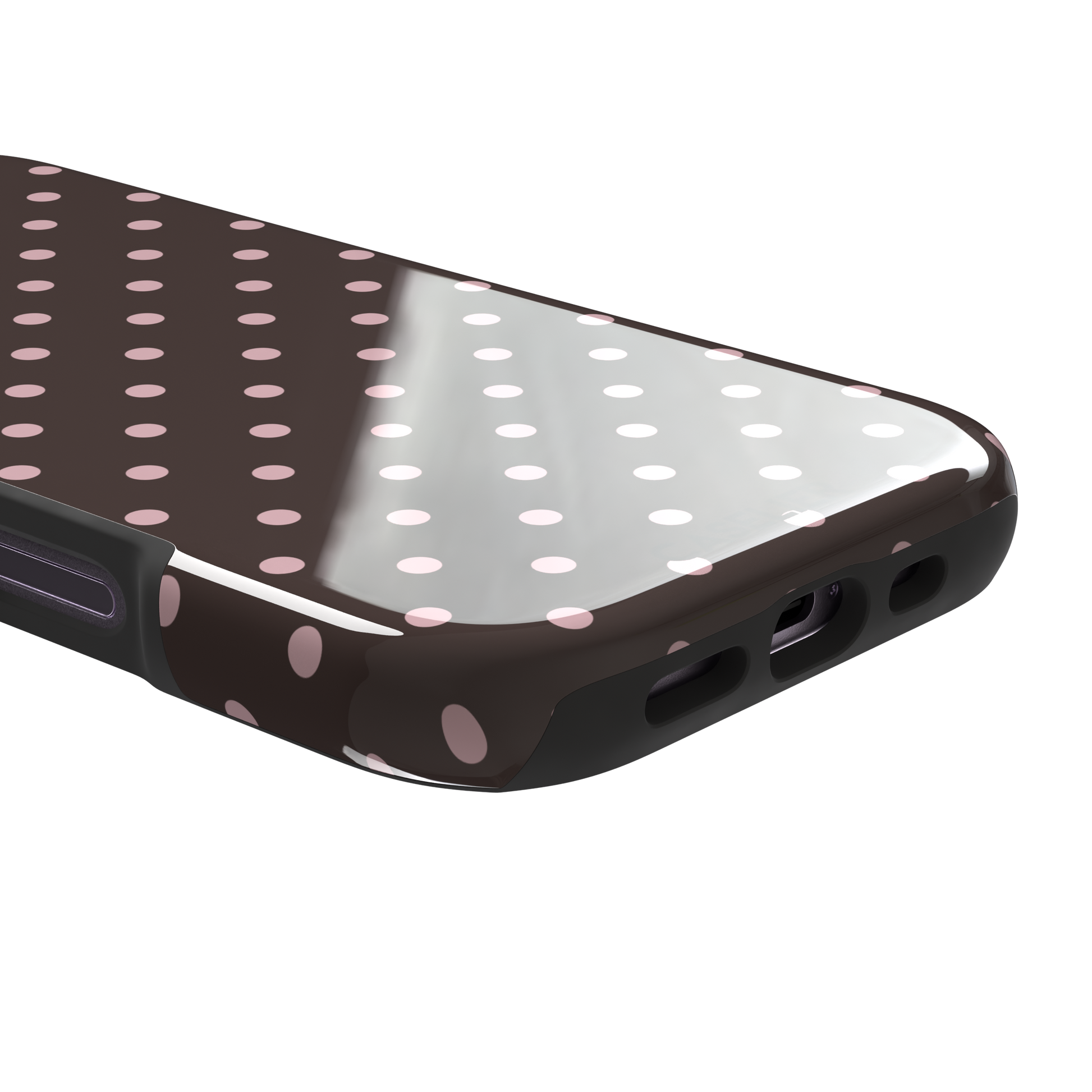 Polka dot phone case in deep brown with soft pink spots in an even all-over grid pattern, phone case by Caselier — tough case, charging port detail
