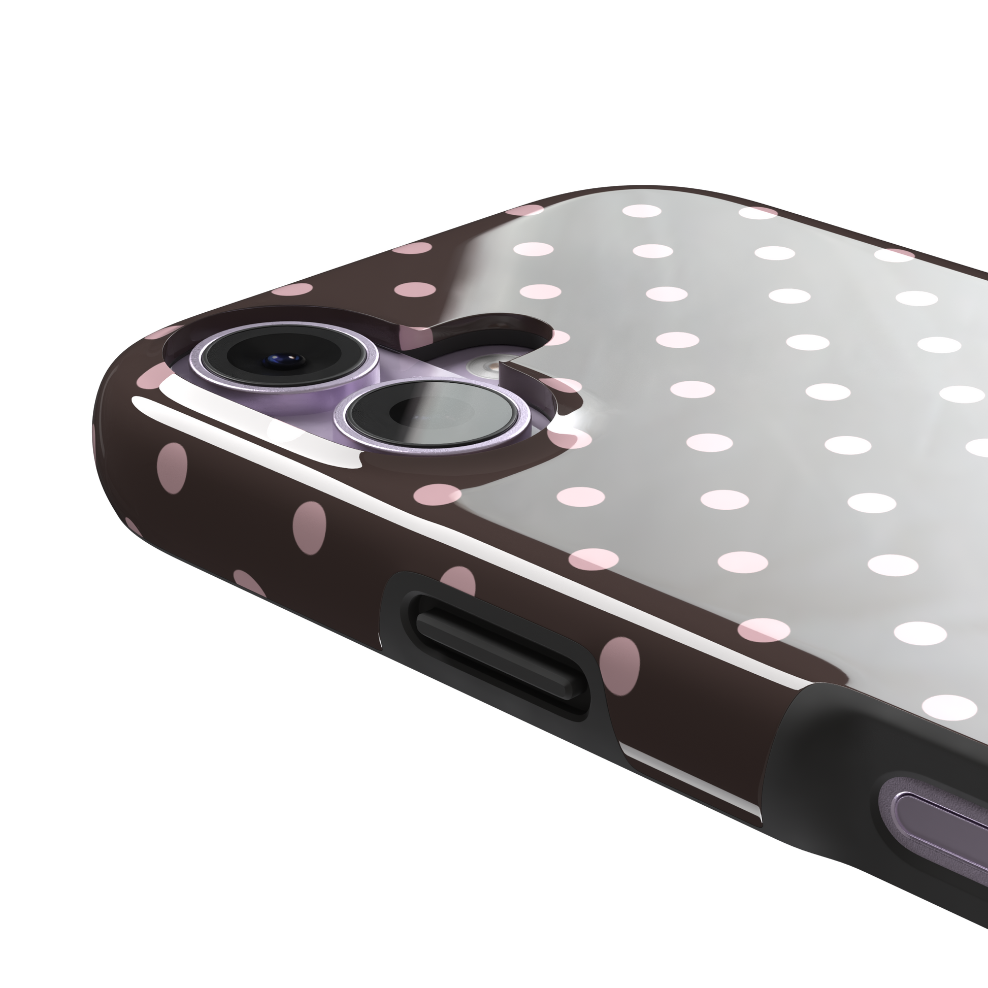 Polka dot phone case in deep brown with soft pink spots in an even all-over grid pattern, phone case by Caselier — tough case, volume buttons detail
