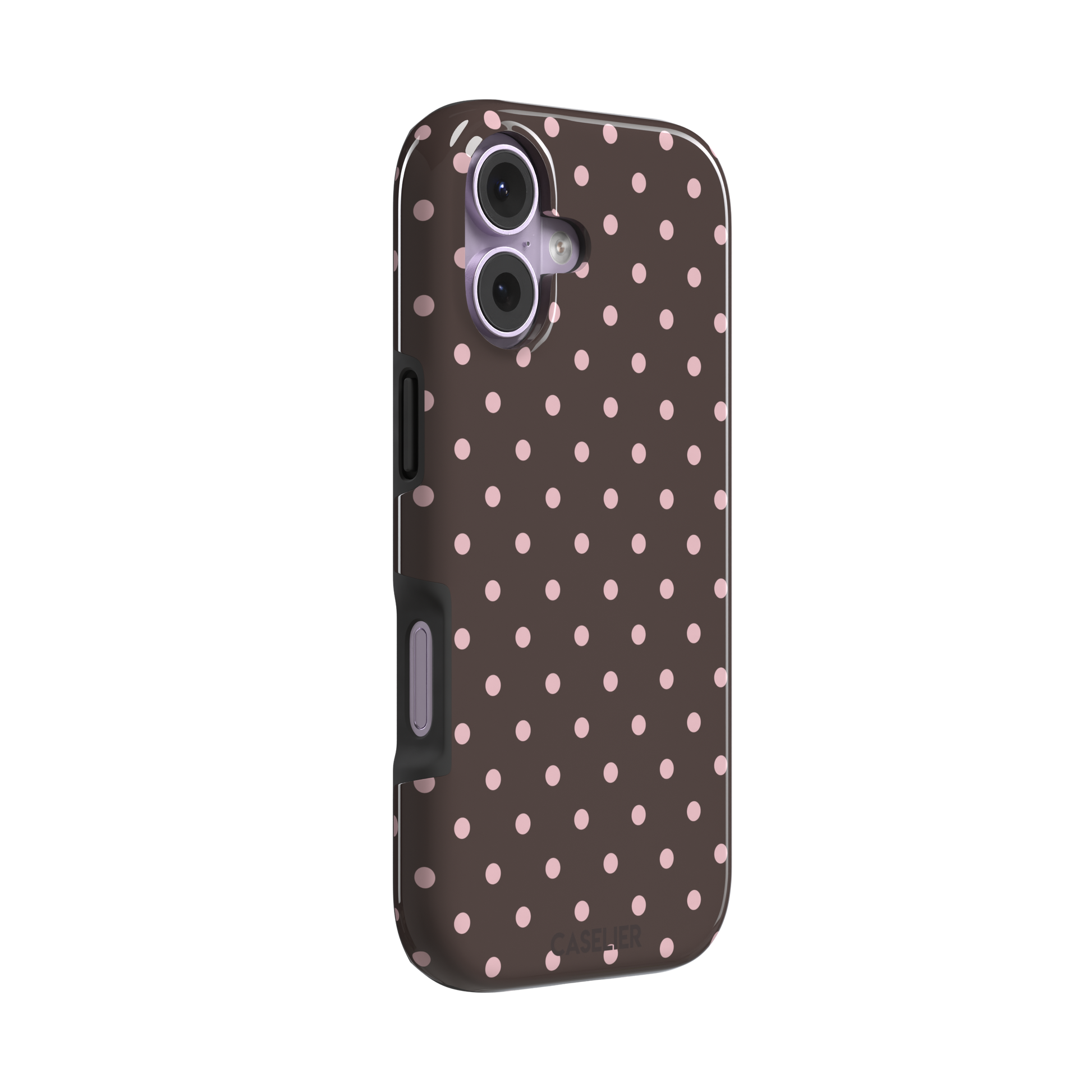 Polka dot phone case in deep brown with soft pink spots in an even all-over grid pattern, phone case by Caselier — tough case, left view