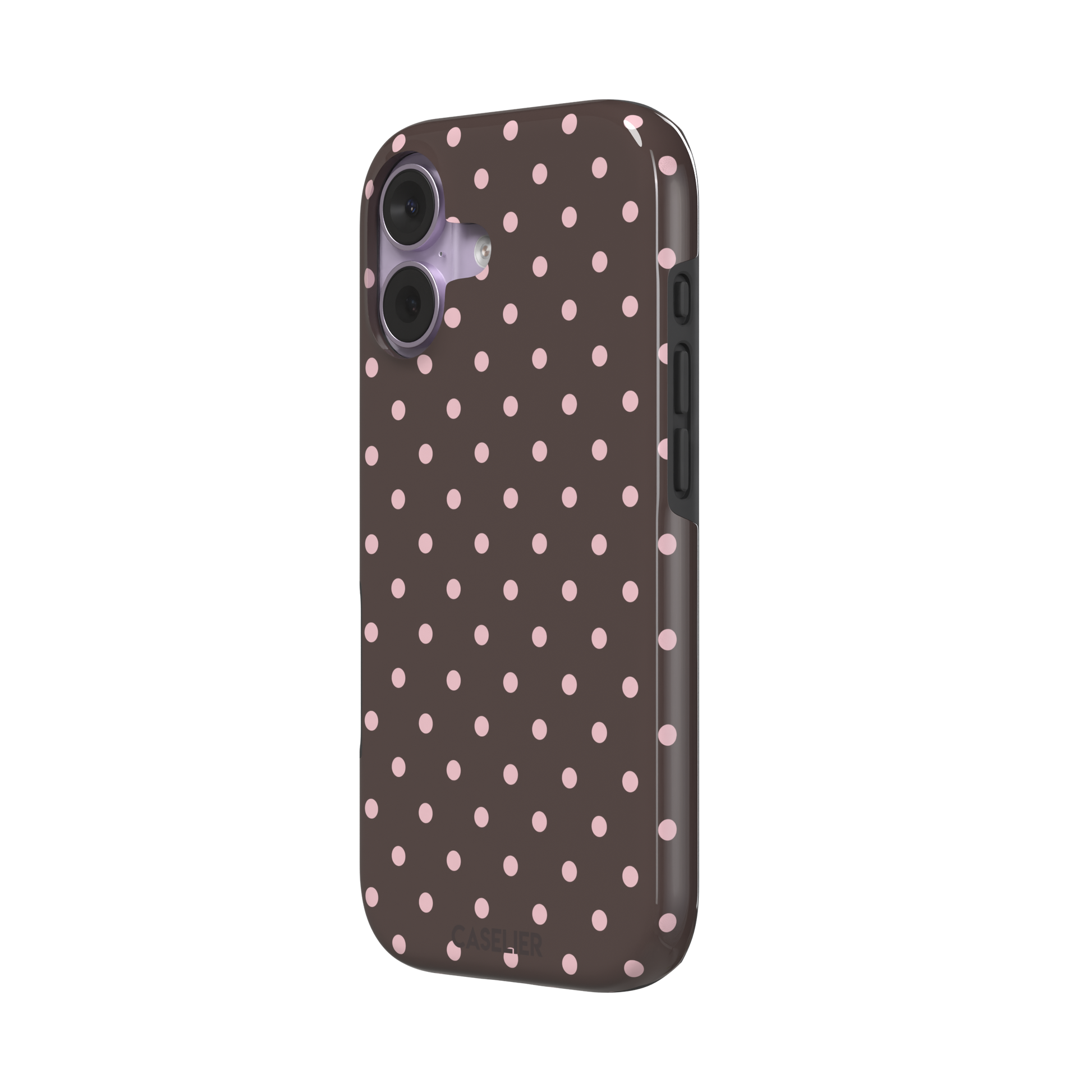 Polka dot phone case in deep brown with soft pink spots in an even all-over grid pattern, phone case by Caselier — tough case, right view