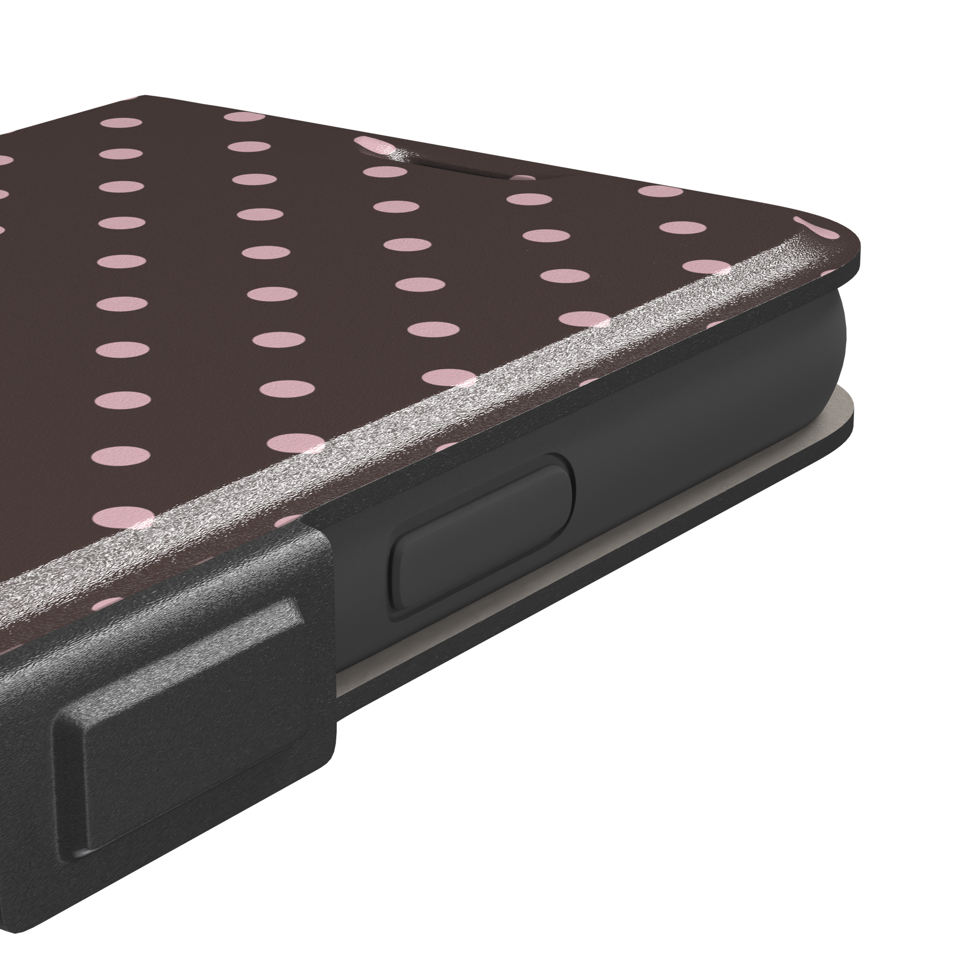 Polka dot phone case in deep brown with soft pink spots in an even all-over grid pattern, phone case by Caselier — wallet case, volume buttons detail
