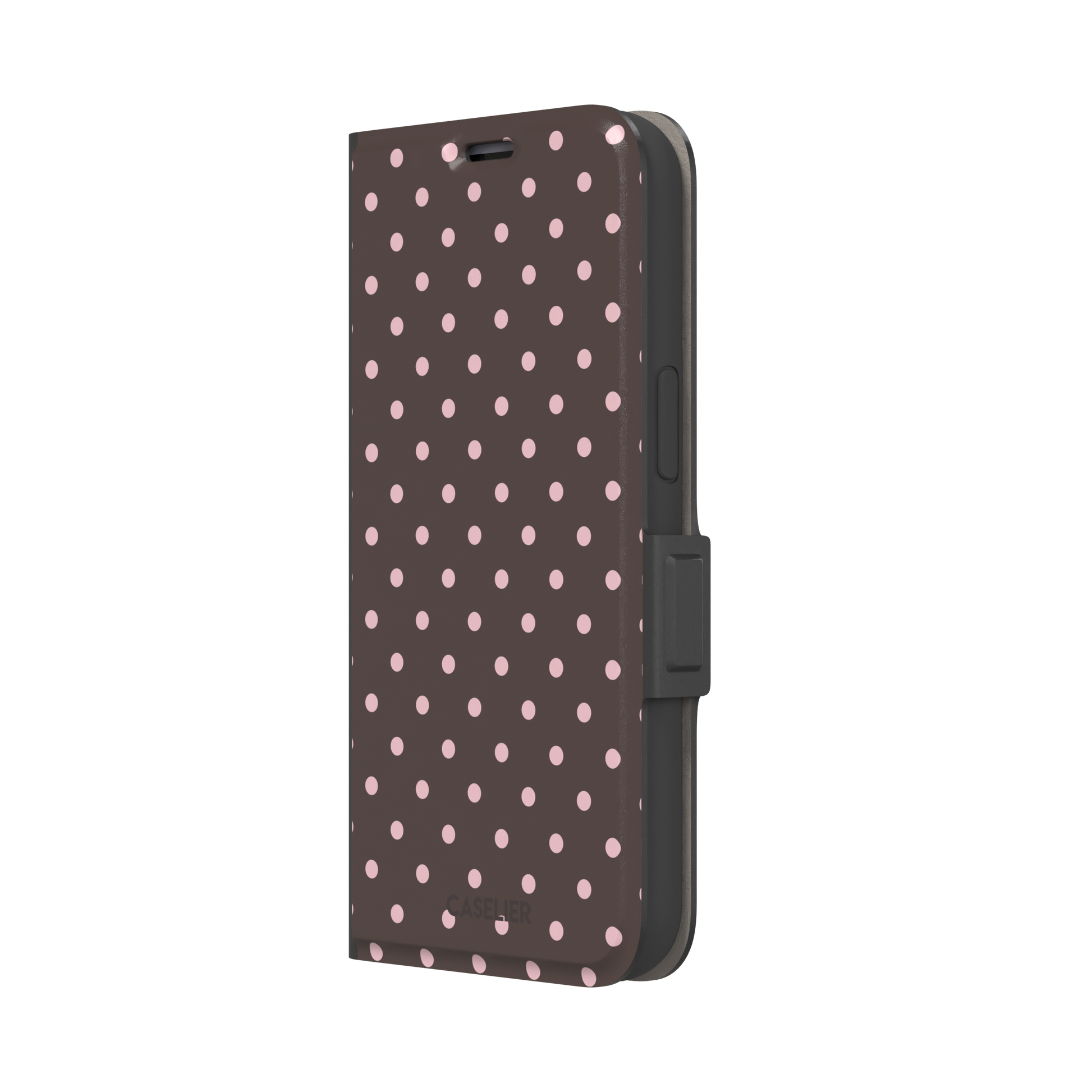 Polka dot phone case in deep brown with soft pink spots in an even all-over grid pattern, phone case by Caselier — wallet case, right view
