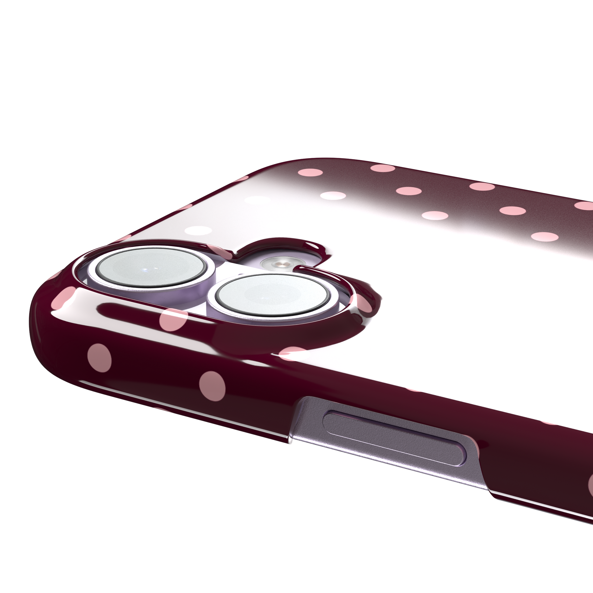 Polka dot phone case in deep burgundy with blush pink spots arranged in a classic evenly spaced grid, phone case by Caselier — snap case, volume buttons detail