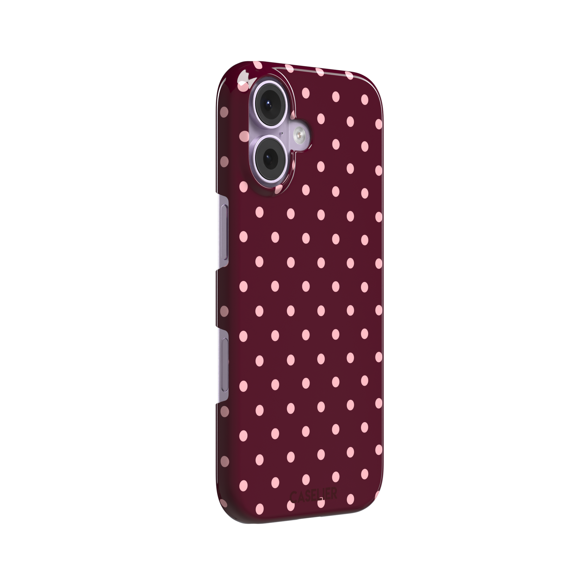 Polka dot phone case in deep burgundy with blush pink spots arranged in a classic evenly spaced grid, phone case by Caselier — snap case, left view