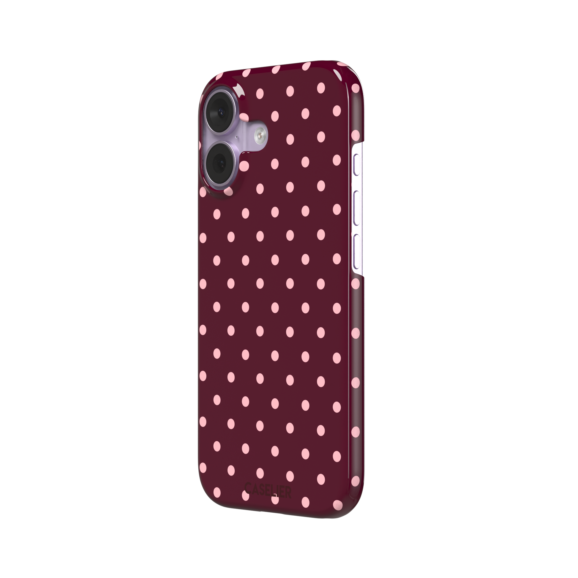 Polka dot phone case in deep burgundy with blush pink spots arranged in a classic evenly spaced grid, phone case by Caselier — snap case, right view