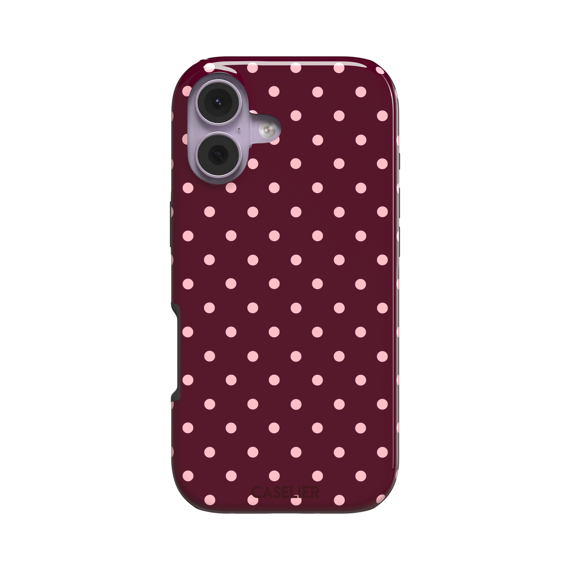 Polka dot phone case in deep burgundy with blush pink spots arranged in a classic evenly spaced grid, phone case by Caselier — tough case, front view