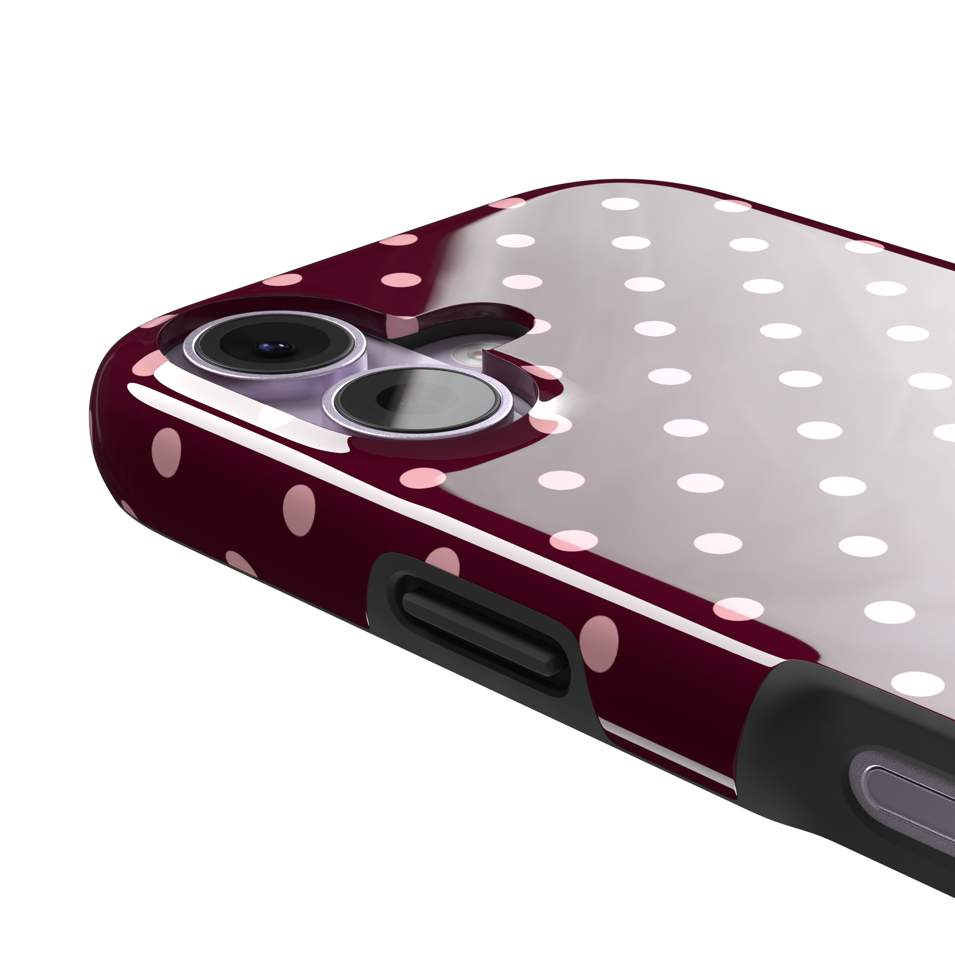 Polka dot phone case in deep burgundy with blush pink spots arranged in a classic evenly spaced grid, phone case by Caselier — tough case, volume buttons detail