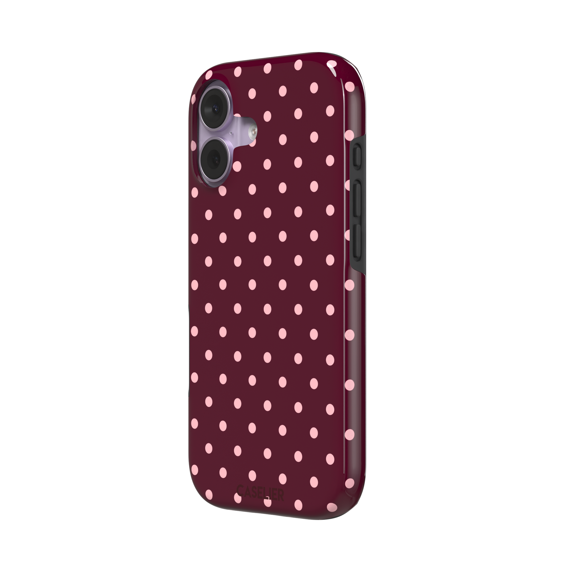 Polka dot phone case in deep burgundy with blush pink spots arranged in a classic evenly spaced grid, phone case by Caselier — tough case, right view