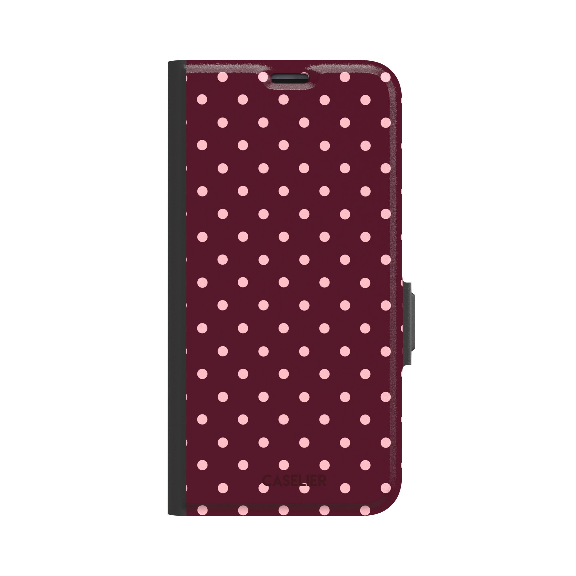 Polka dot phone case in deep burgundy with blush pink spots arranged in a classic evenly spaced grid, phone case by Caselier — wallet case, front view