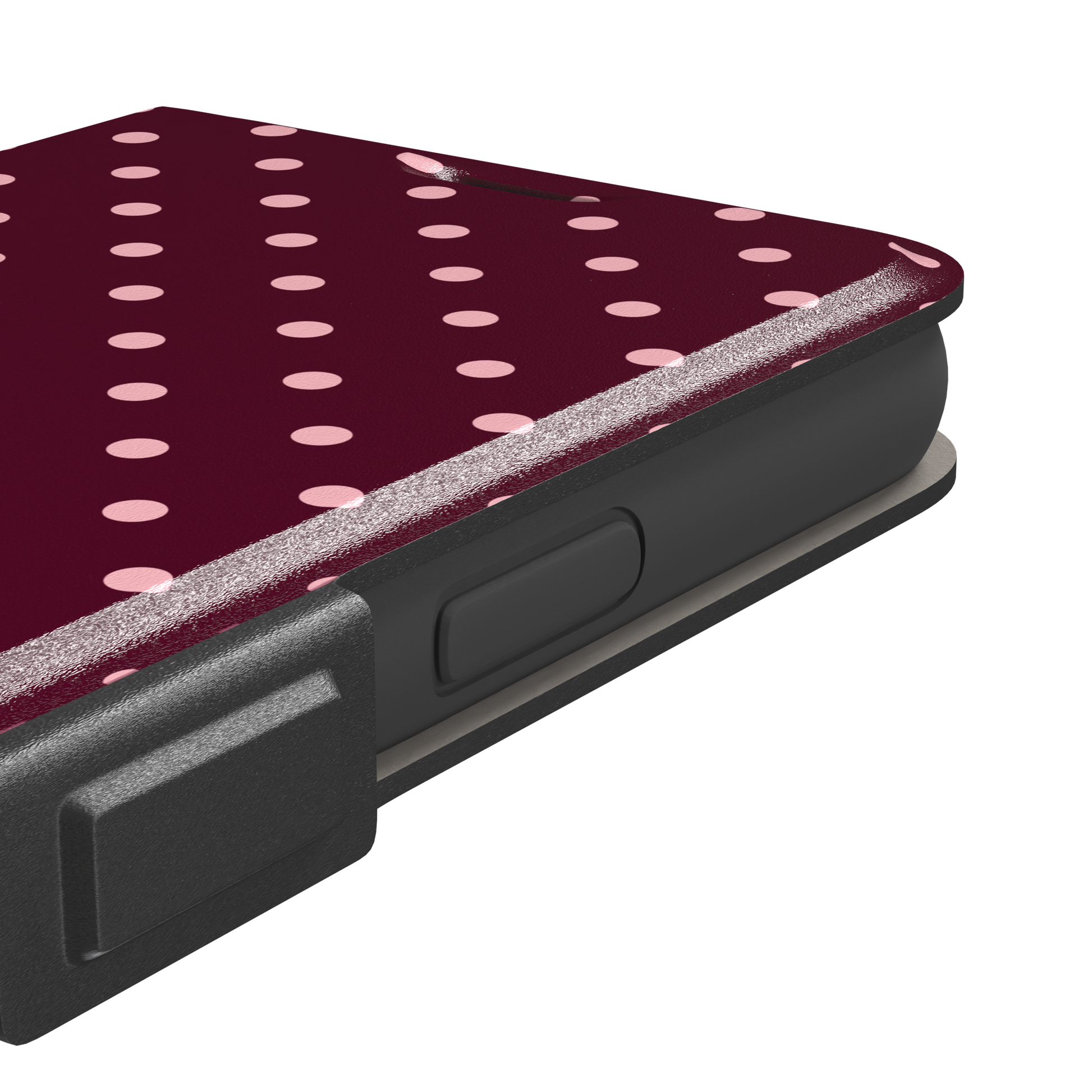 Polka dot phone case in deep burgundy with blush pink spots arranged in a classic evenly spaced grid, phone case by Caselier — wallet case, volume buttons detail