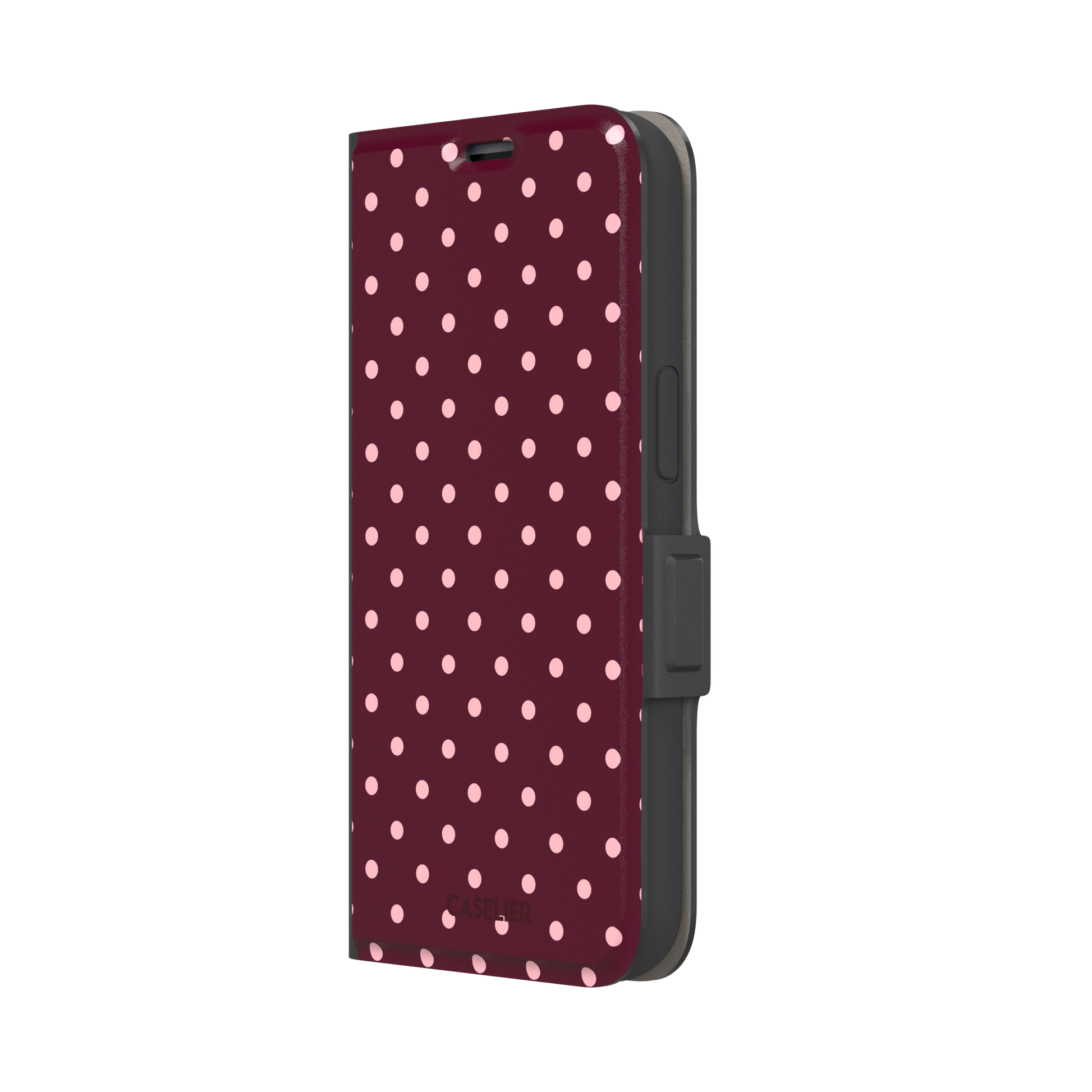 Polka dot phone case in deep burgundy with blush pink spots arranged in a classic evenly spaced grid, phone case by Caselier — wallet case, right view