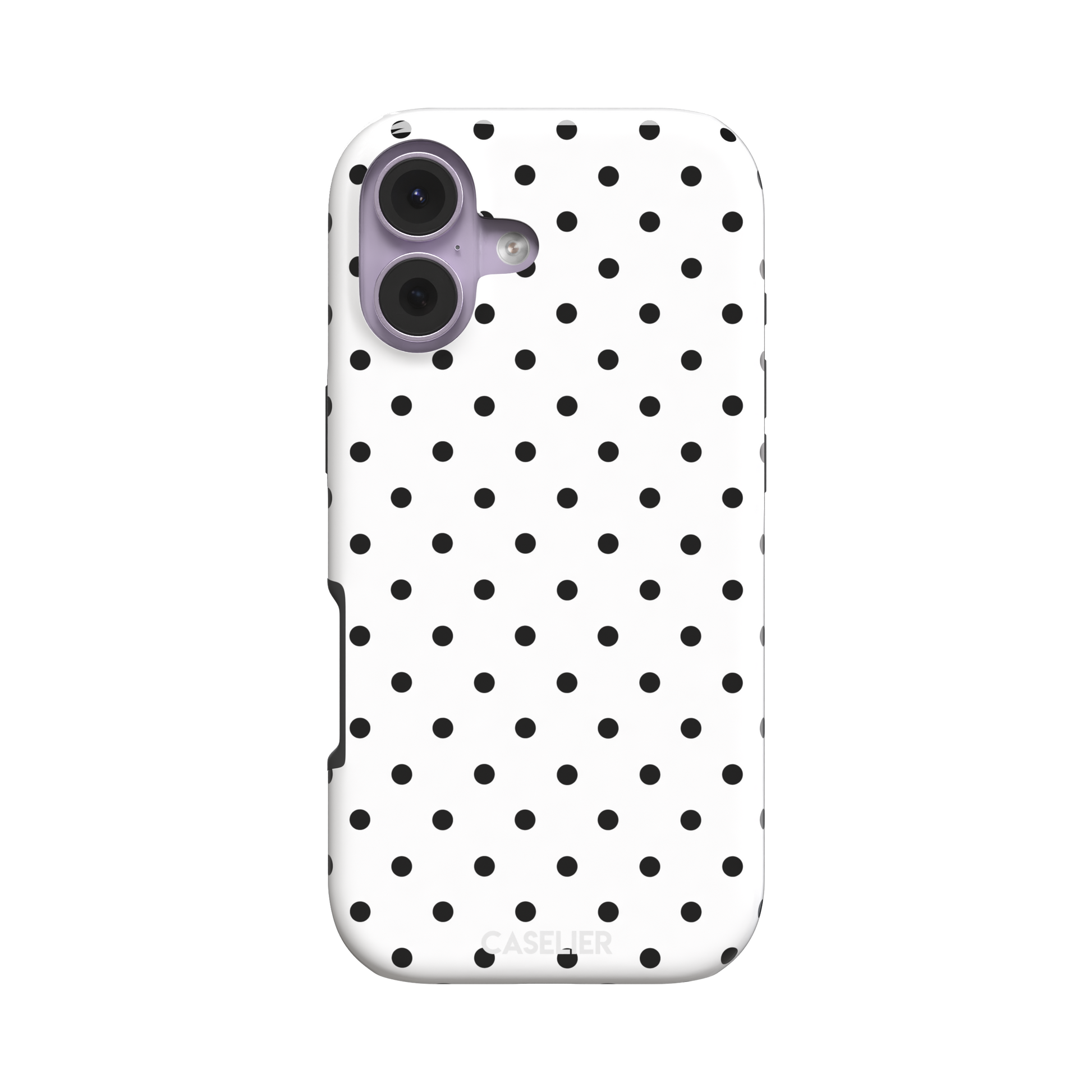 Polka dot phone case in white with small black spots in a clean evenly spaced all-over grid, phone case by Caselier — tough case, front view