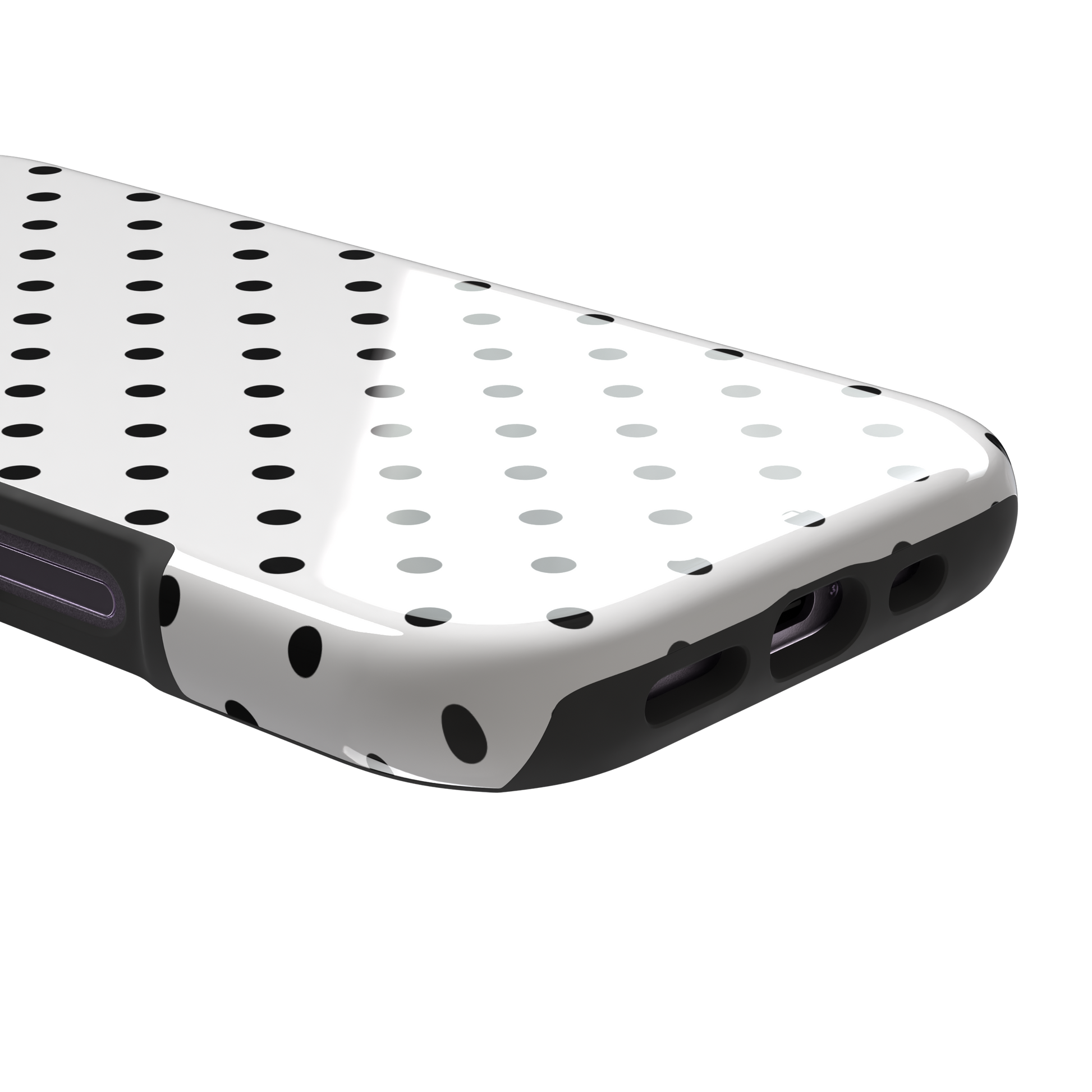 Polka dot phone case in white with small black spots in a clean evenly spaced all-over grid, phone case by Caselier — tough case, charging port detail