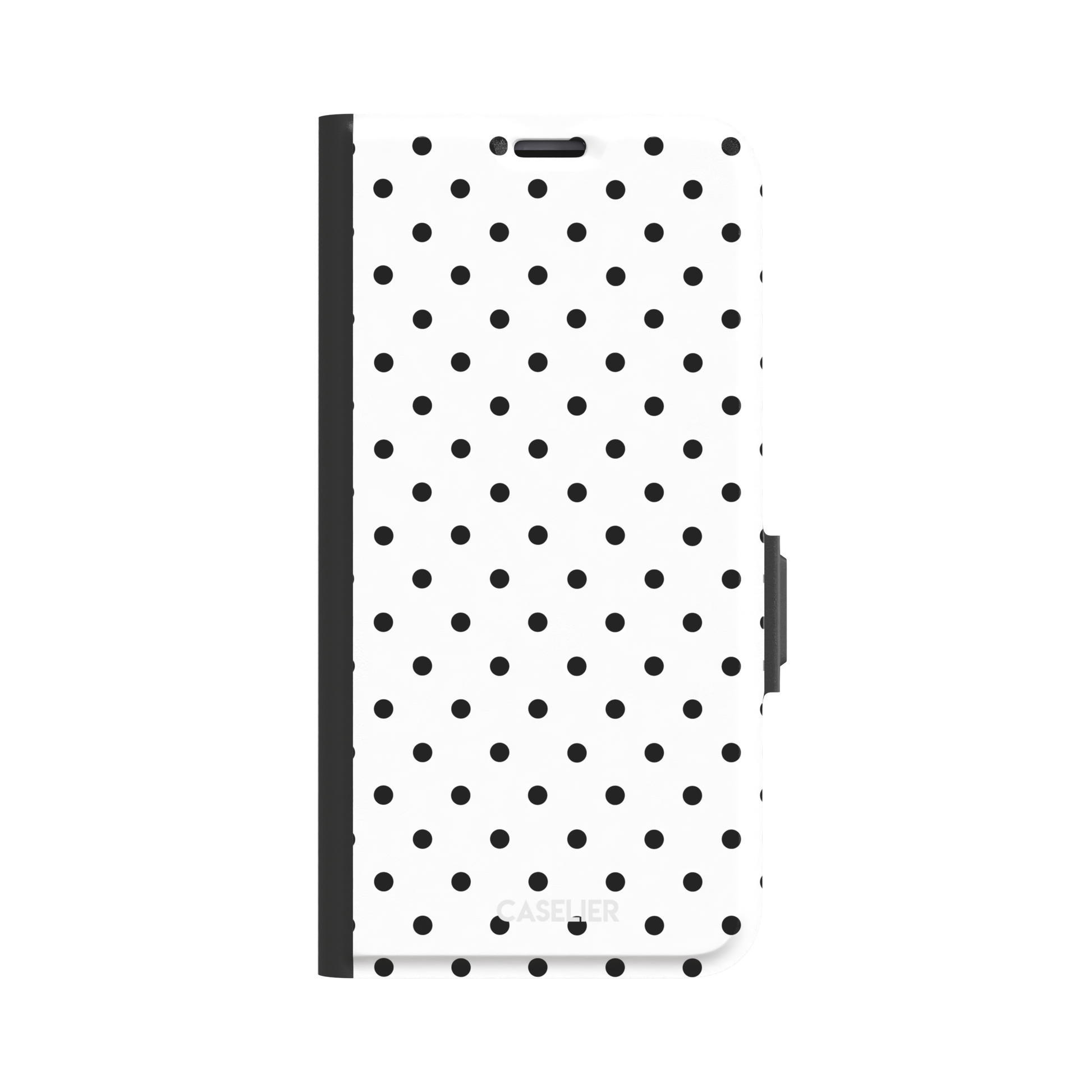 Polka dot phone case in white with small black spots in a clean evenly spaced all-over grid, phone case by Caselier — wallet case, front view