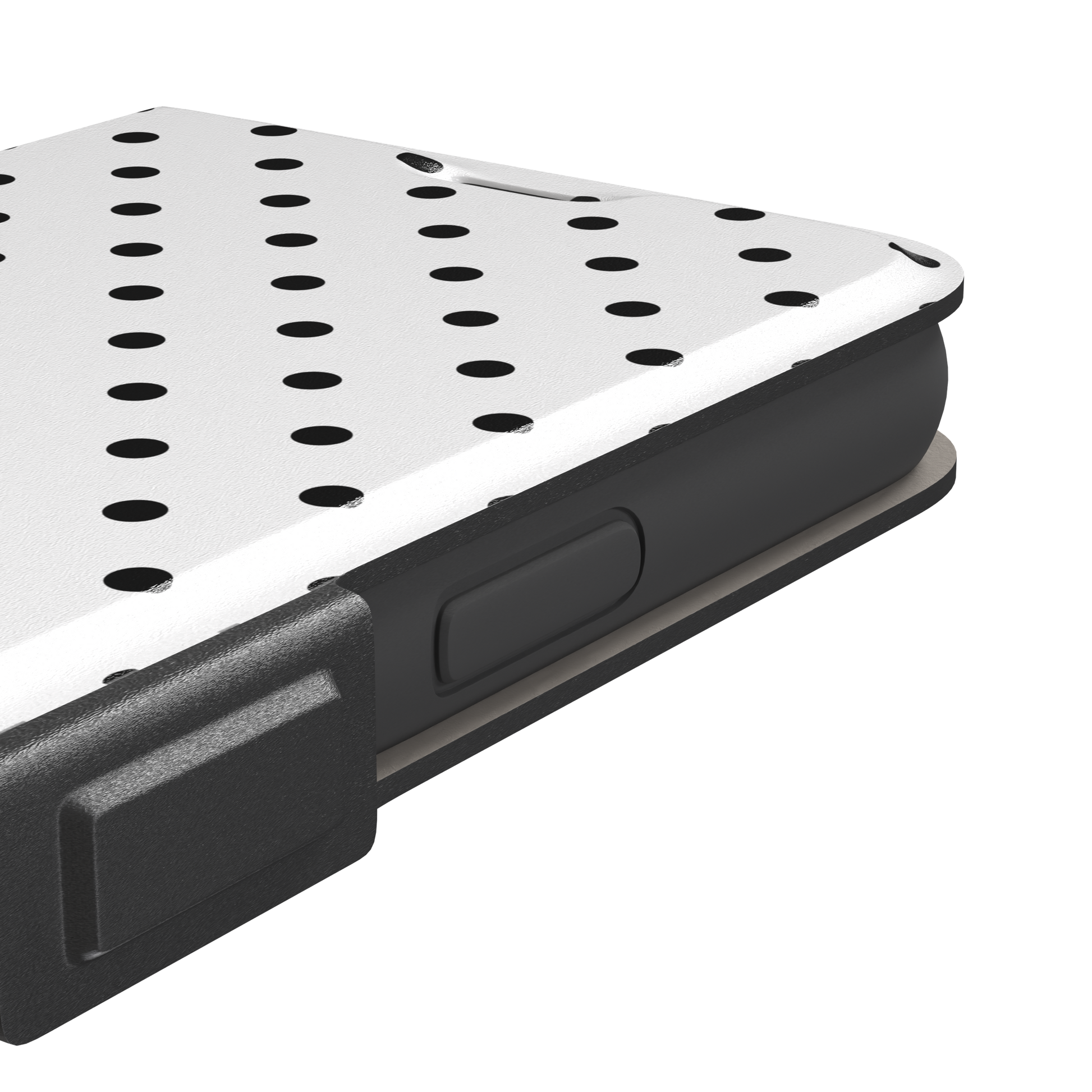 Polka dot phone case in white with small black spots in a clean evenly spaced all-over grid, phone case by Caselier — wallet case, volume buttons detail