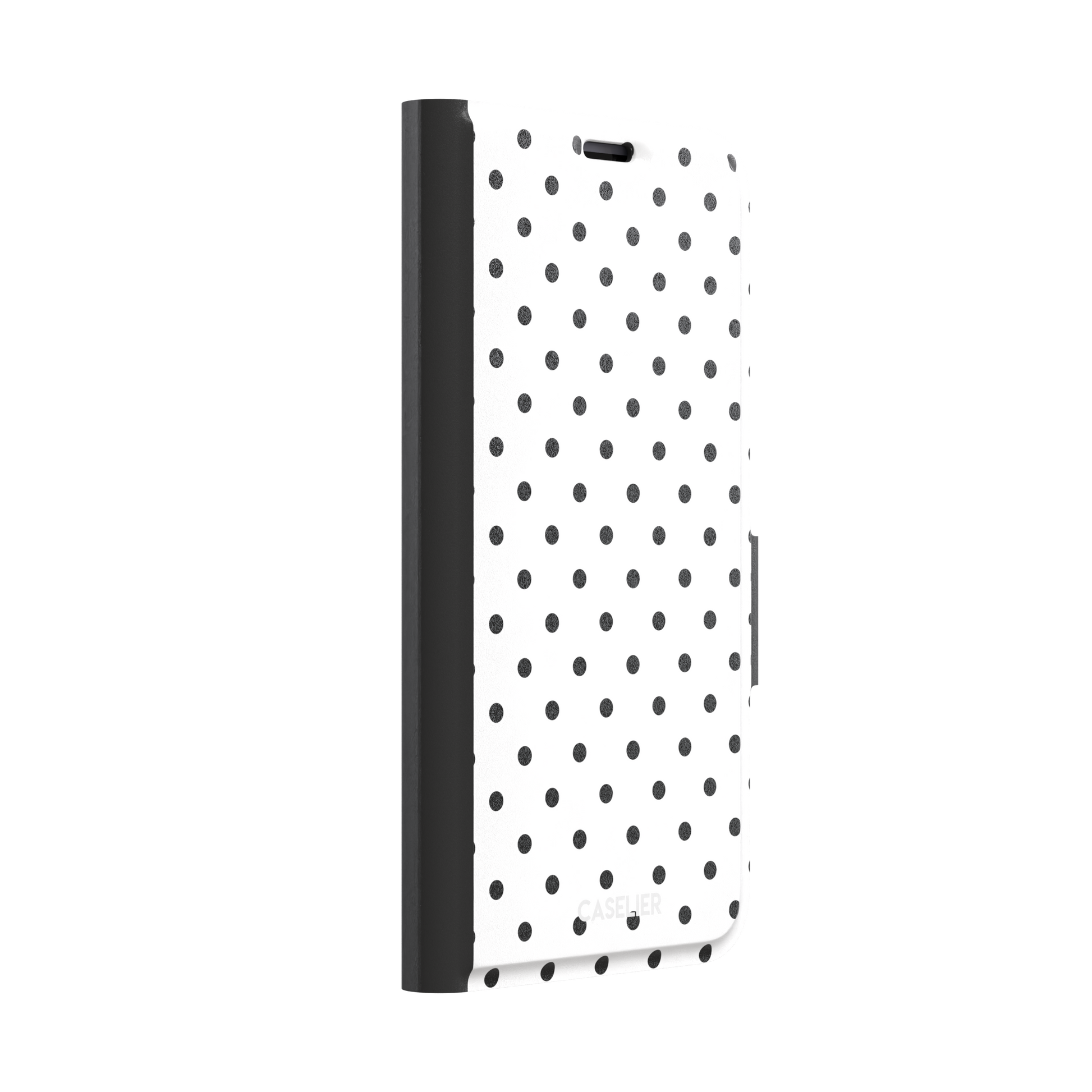 Polka dot phone case in white with small black spots in a clean evenly spaced all-over grid, phone case by Caselier — wallet case, left view