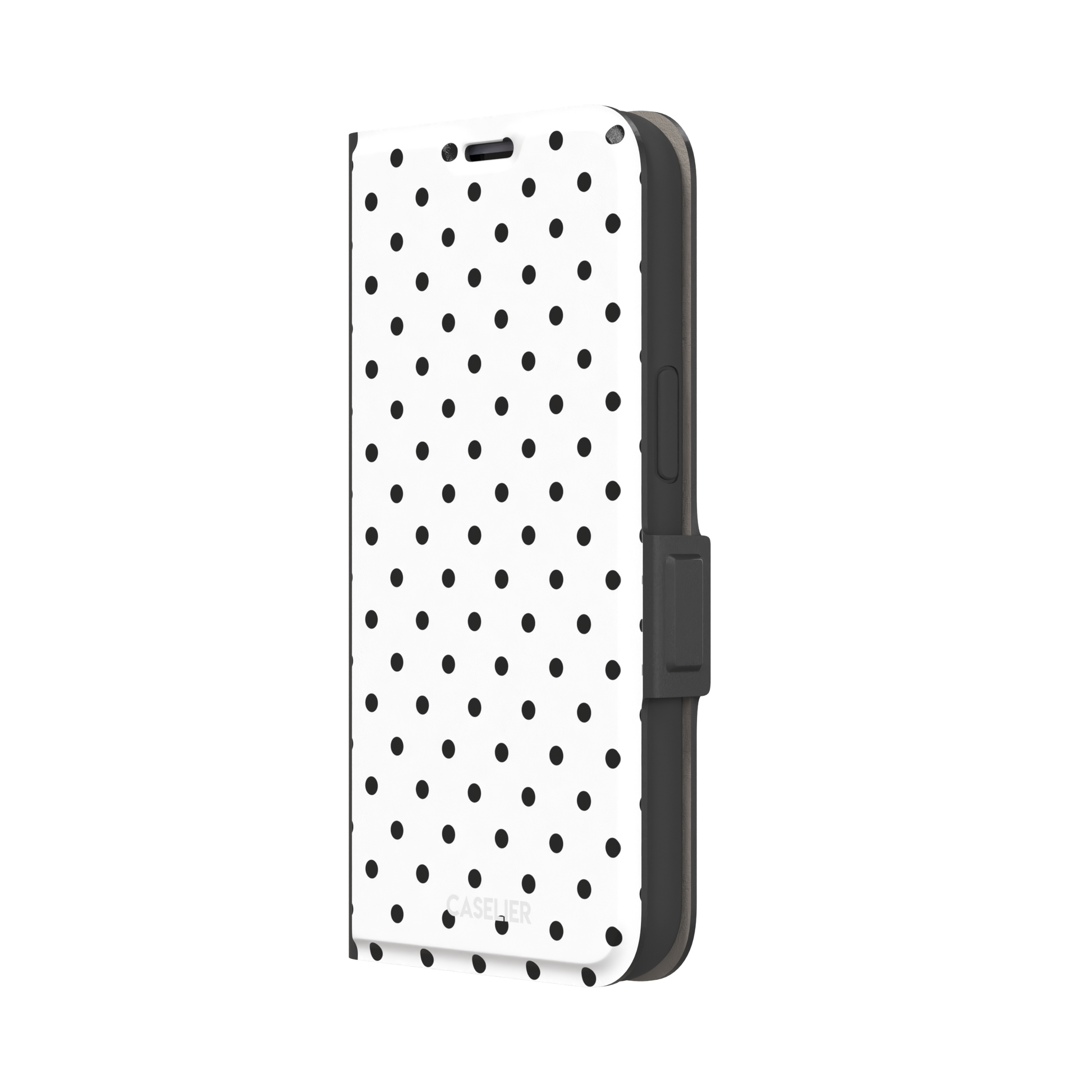 Polka dot phone case in white with small black spots in a clean evenly spaced all-over grid, phone case by Caselier — wallet case, right view