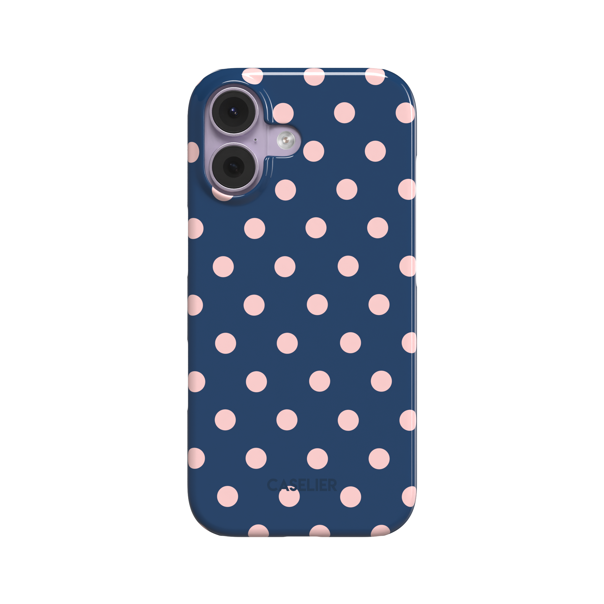 Polka dot phone case with deep navy blue background and soft blush pink dots in a classic two-tone pattern, phone case by Caselier - snap case, front view | Caselier