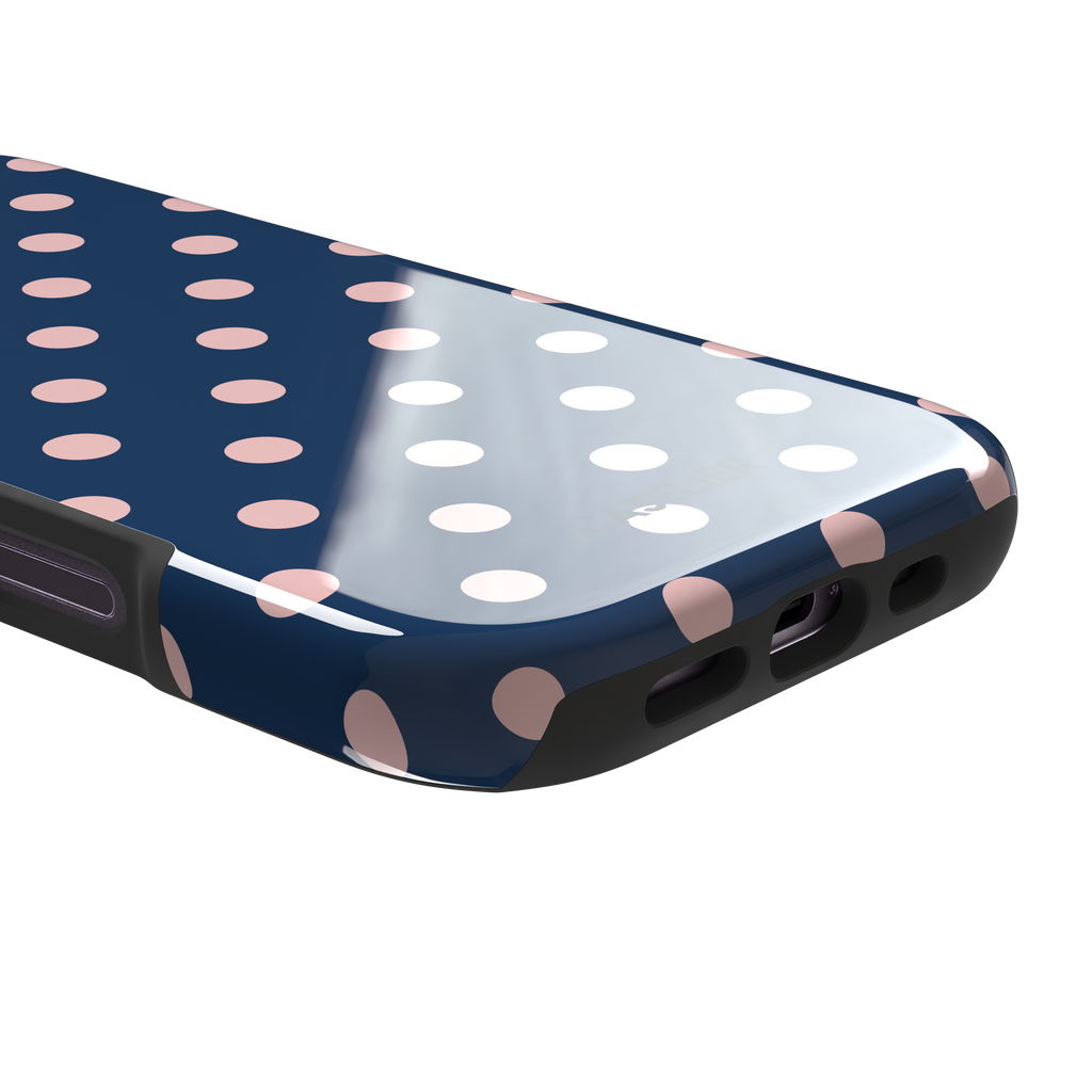 Polka Dots, blush pink polka dots on a navy blue background, tough case, charging port detail, phone case by Caselier