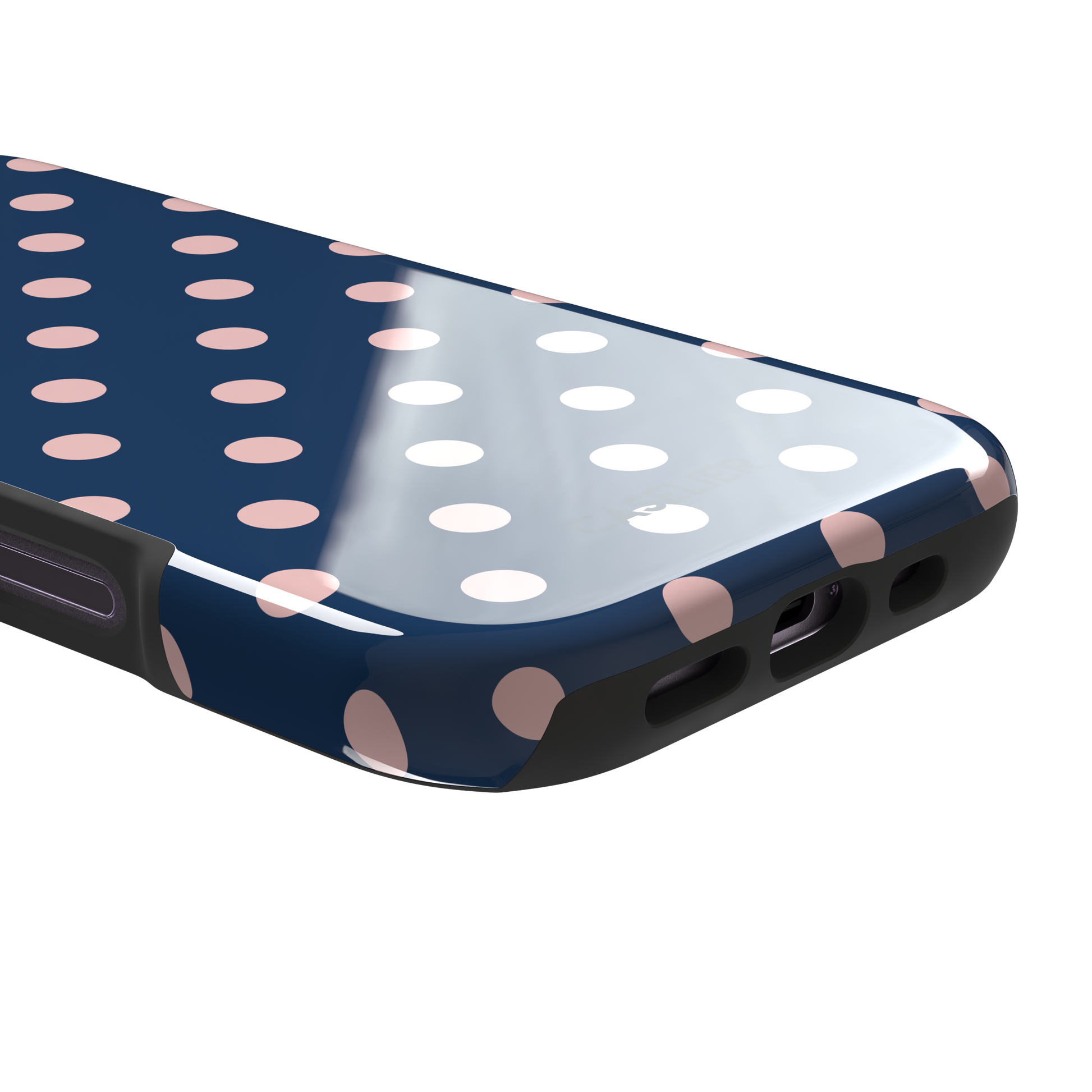 Polka Dots, blush pink polka dots on a navy blue background, tough case, charging port detail, phone case by Caselier