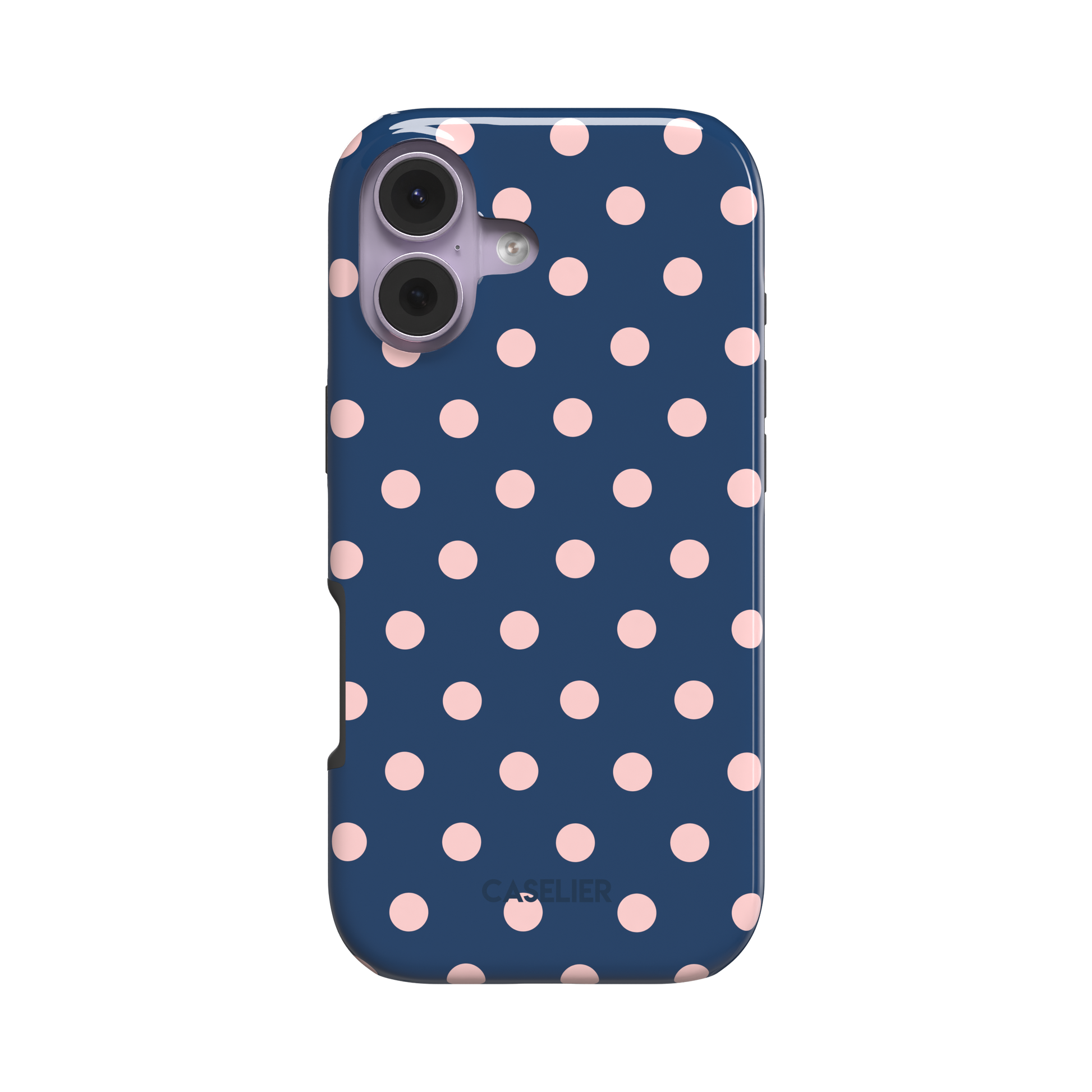 Polka dot phone case with deep navy blue background and soft blush pink dots in a classic two-tone pattern, phone case by Caselier - tough case, front view | Caselier