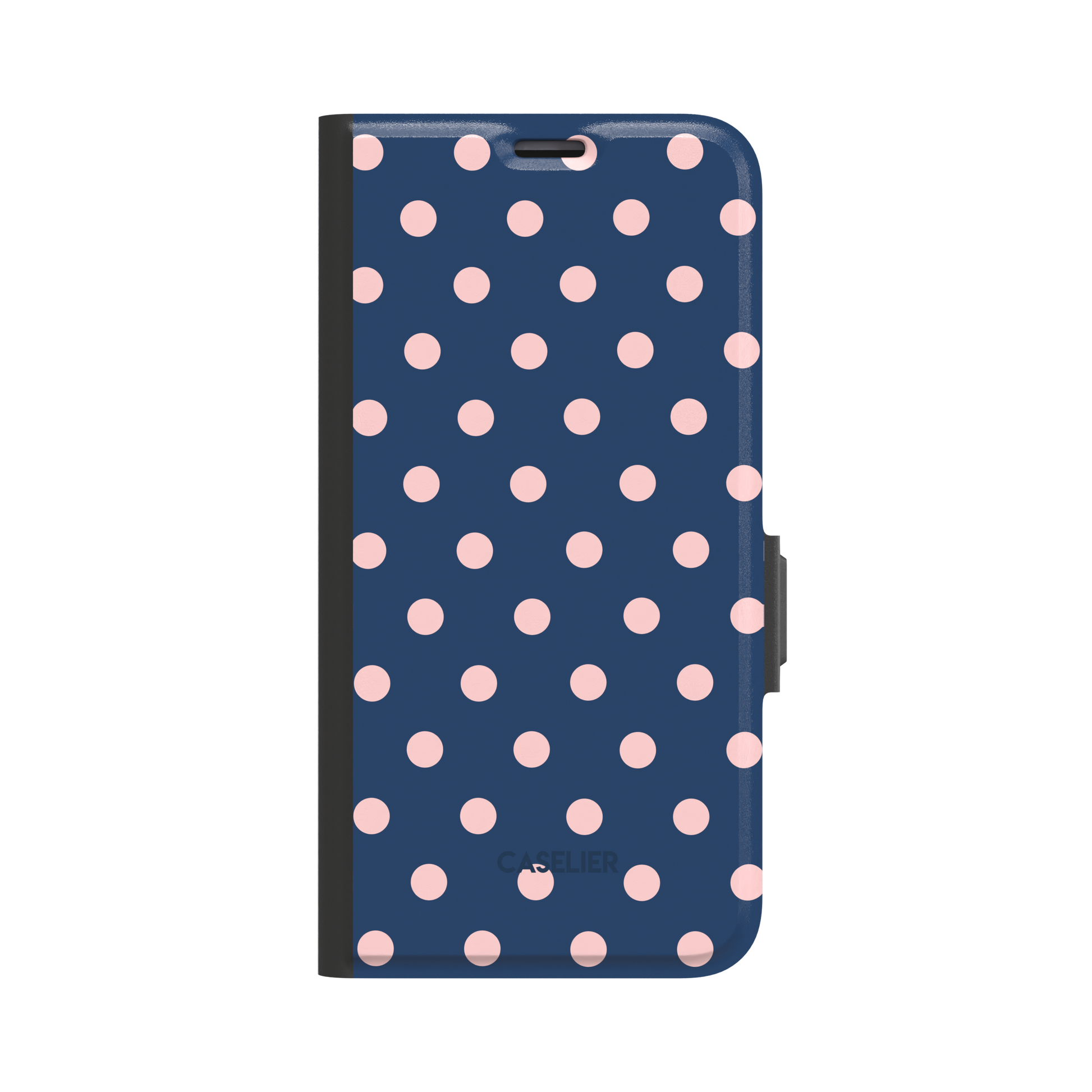 Polka dot phone case with deep navy blue background and soft blush pink dots in a classic two-tone pattern, phone case by Caselier - wallet case, front view | Caselier