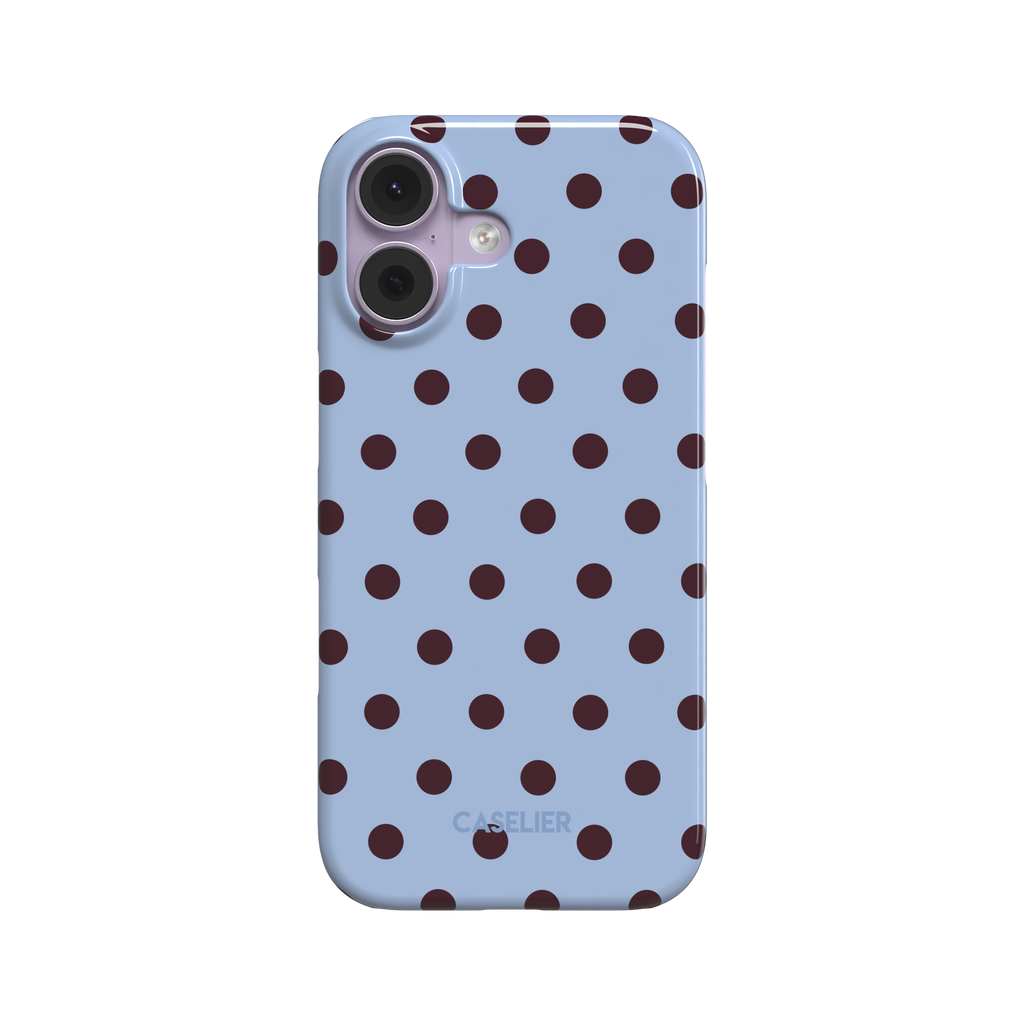 Polka dot phone case with soft sky blue background and evenly spaced deep burgundy red dots in a classic retro pattern, phone case by Caselier - snap case, front view | Caselier