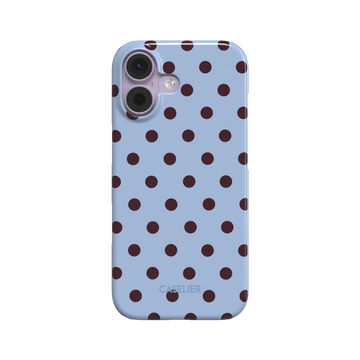 Polka dot phone case with soft sky blue background and evenly spaced deep burgundy red dots in a classic retro pattern, phone case by Caselier - snap case, front view | Caselier