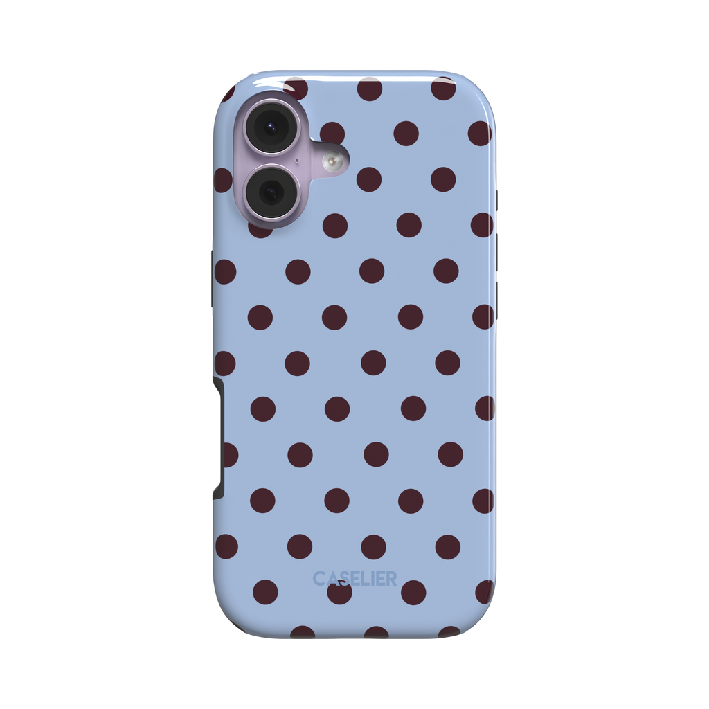 Polka dot phone case with soft sky blue background and evenly spaced deep burgundy red dots in a classic retro pattern, phone case by Caselier - tough case, front view | Caselier
