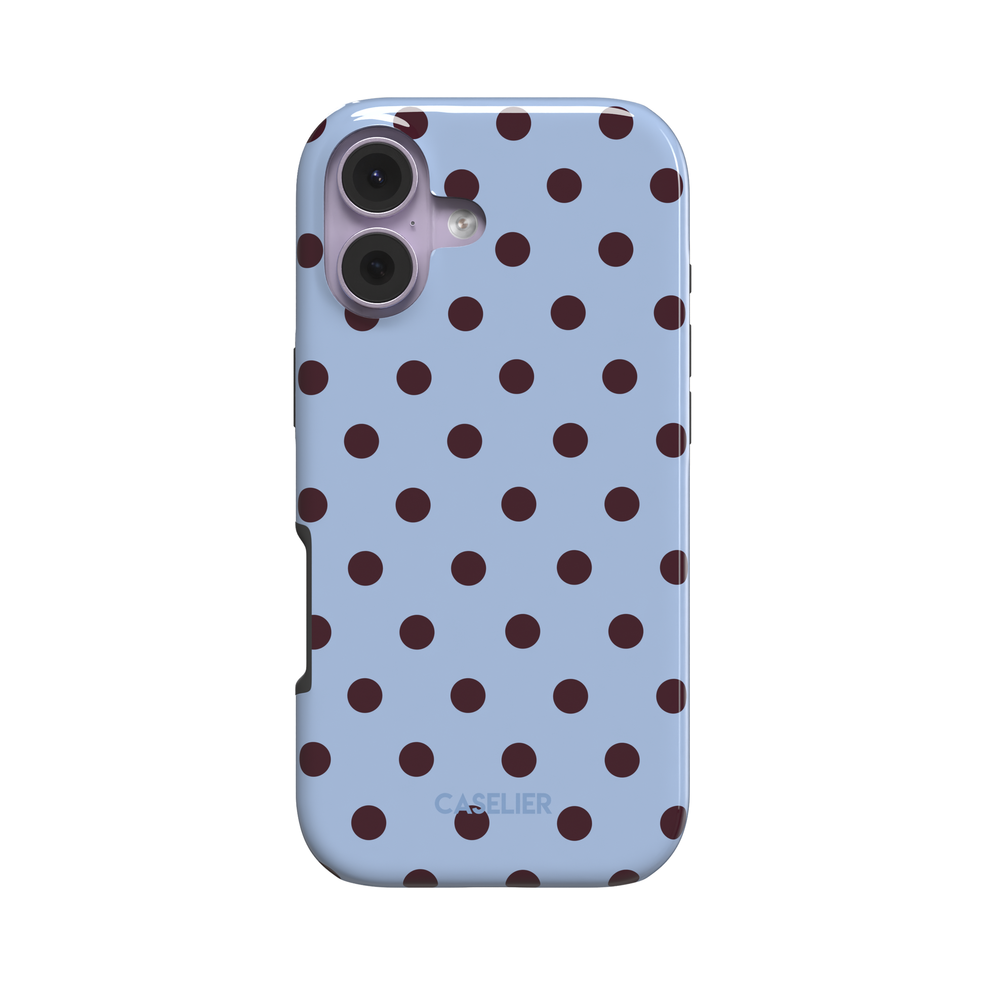 Polka dot phone case with soft sky blue background and evenly spaced deep burgundy red dots in a classic retro pattern, phone case by Caselier - tough case, front view | Caselier