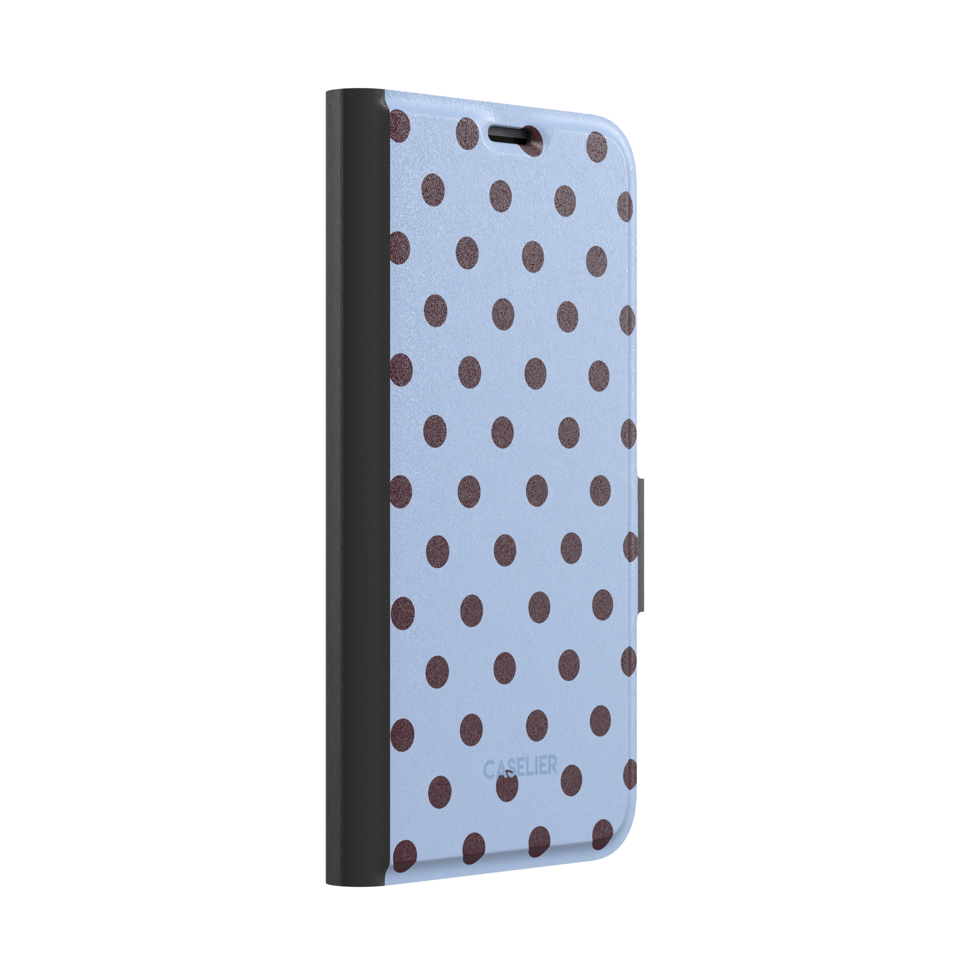 Polka Dots, burgundy polka dots on a periwinkle blue background, wallet case, left view, phone case by Caselier