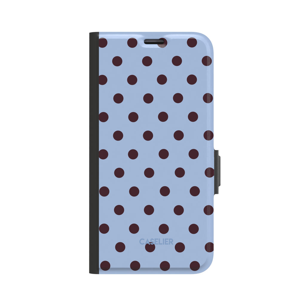 Polka dot phone case with soft sky blue background and evenly spaced deep burgundy red dots in a classic retro pattern, phone case by Caselier - wallet case, front view | Caselier