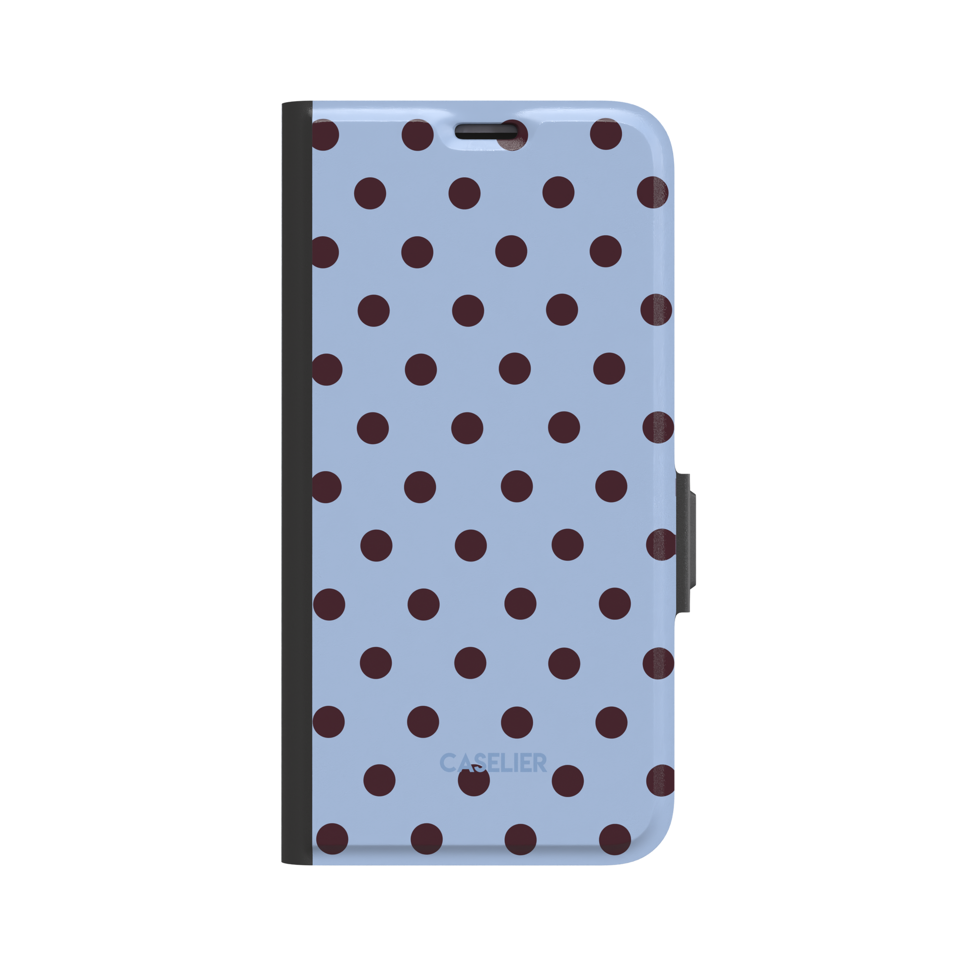 Polka dot phone case with soft sky blue background and evenly spaced deep burgundy red dots in a classic retro pattern, phone case by Caselier - wallet case, front view | Caselier