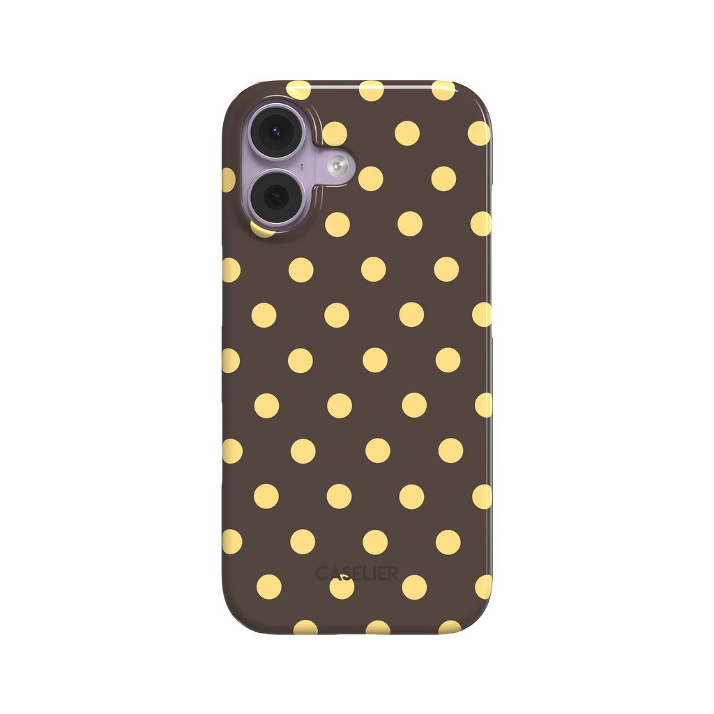 Polka dot phone case with dark chocolate brown background and bright golden yellow dots in a bold retro pattern, phone case by Caselier - snap case, front view | Caselier