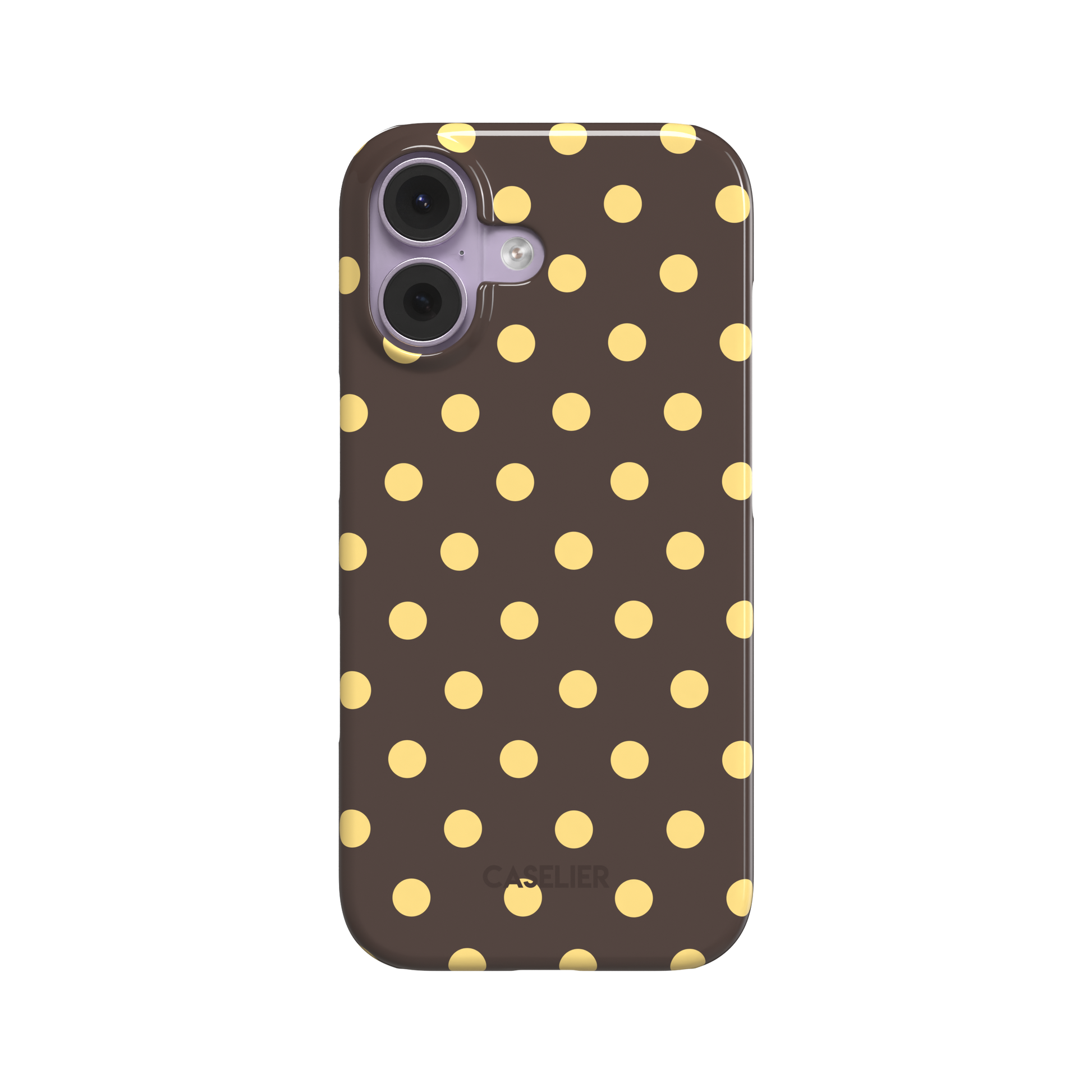 Polka dot phone case with dark chocolate brown background and bright golden yellow dots in a bold retro pattern, phone case by Caselier - snap case, front view | Caselier