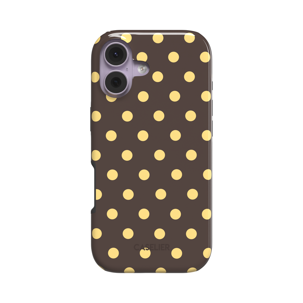Polka dot phone case with dark chocolate brown background and bright golden yellow dots in a bold retro pattern, phone case by Caselier - tough case, front view | Caselier
