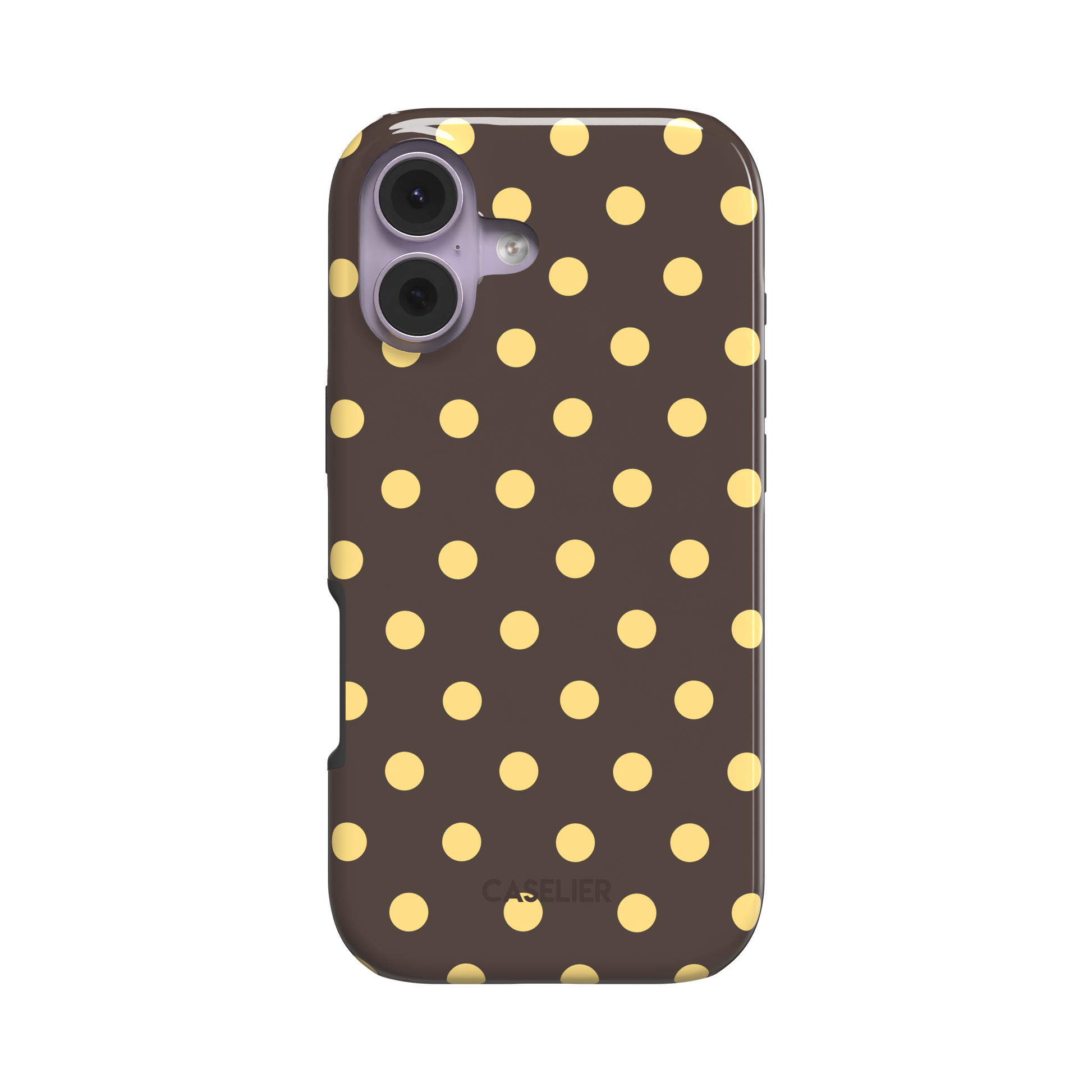 Polka dot phone case with dark chocolate brown background and bright golden yellow dots in a bold retro pattern, phone case by Caselier - tough case, front view | Caselier