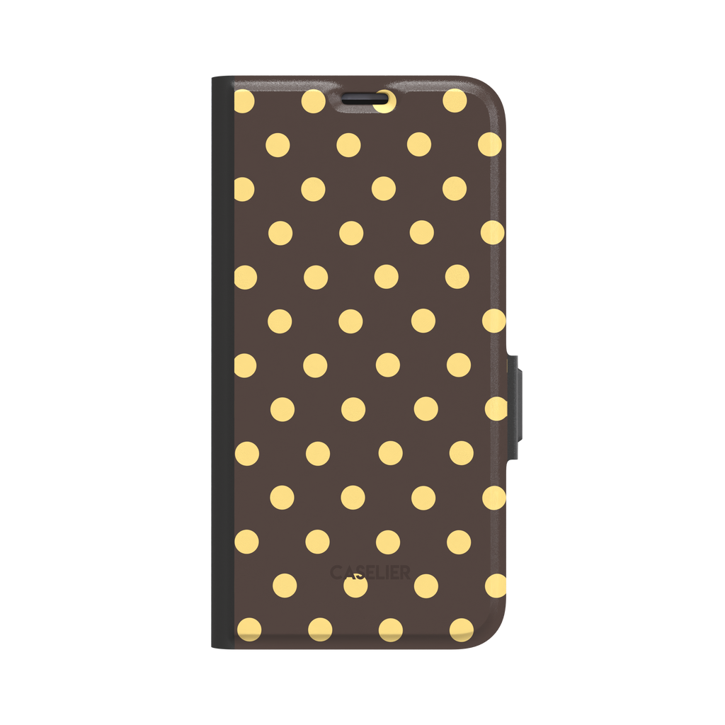 Polka dot phone case with dark chocolate brown background and bright golden yellow dots in a bold retro pattern, phone case by Caselier - wallet case, front view | Caselier