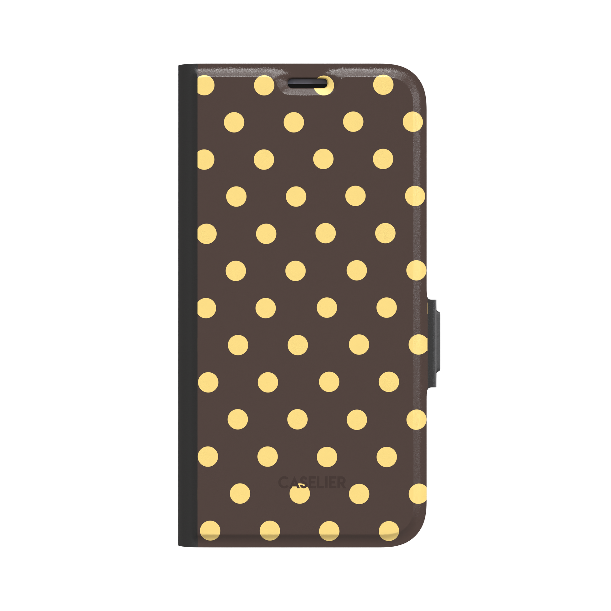 Polka dot phone case with dark chocolate brown background and bright golden yellow dots in a bold retro pattern, phone case by Caselier - wallet case, front view | Caselier