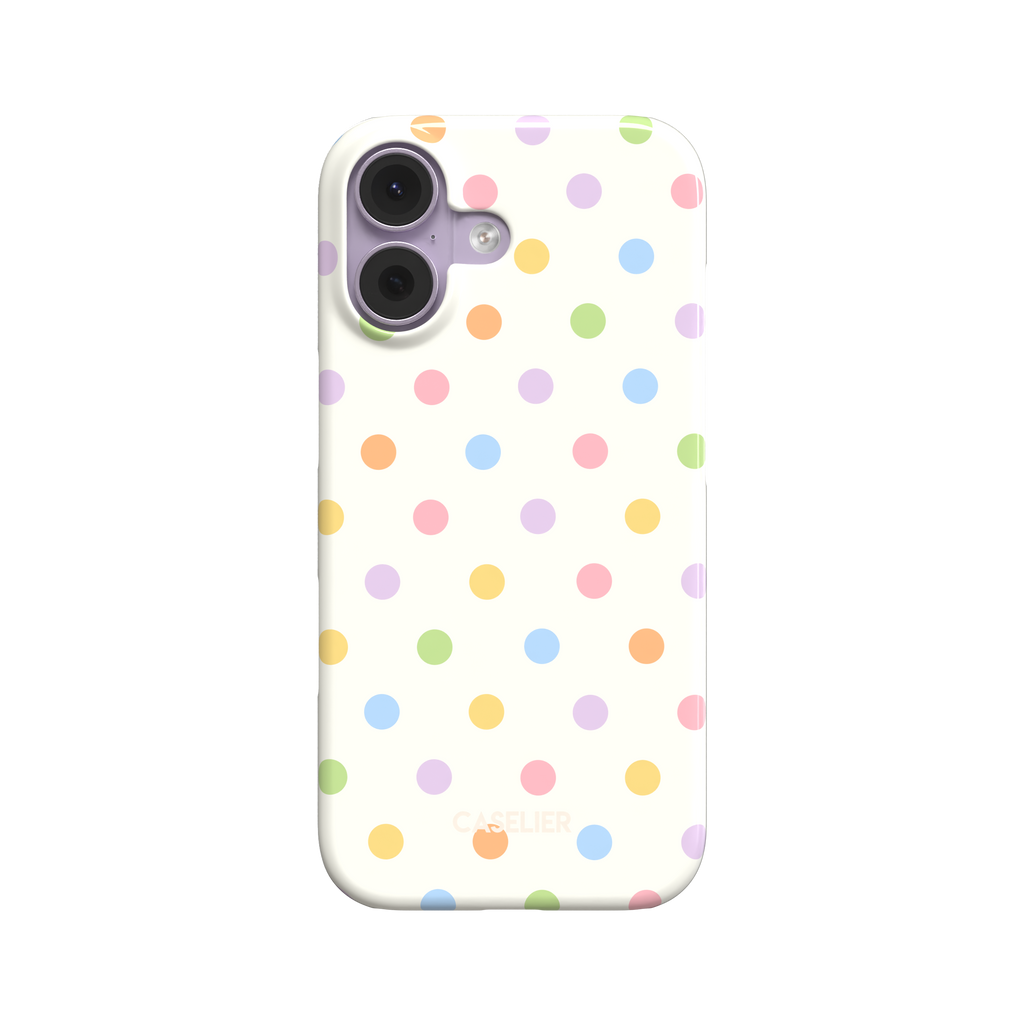 Polka dot phone case with cream white background and multicoloured pastel dots in pink, lilac, orange, yellow, blue and green, phone case by Caselier - snap case, front view | Caselier