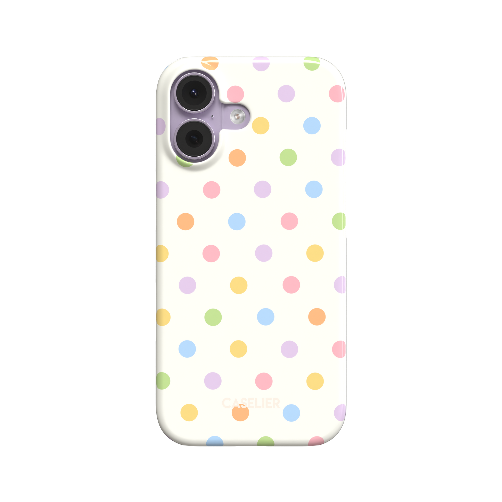 Polka dot phone case with cream white background and multicoloured pastel dots in pink, lilac, orange, yellow, blue and green, phone case by Caselier - snap case, front view | Caselier