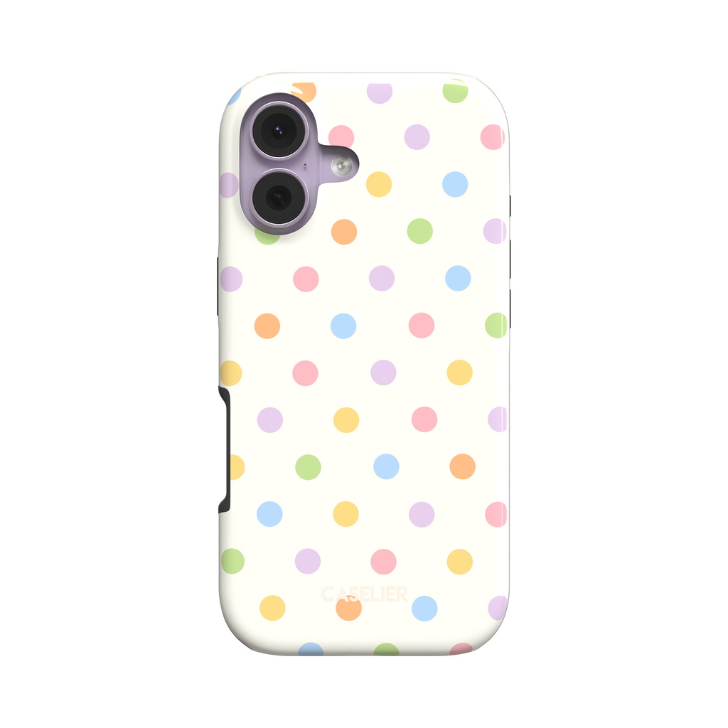 Polka dot phone case with cream white background and multicoloured pastel dots in pink, lilac, orange, yellow, blue and green, phone case by Caselier - tough case, front view | Caselier