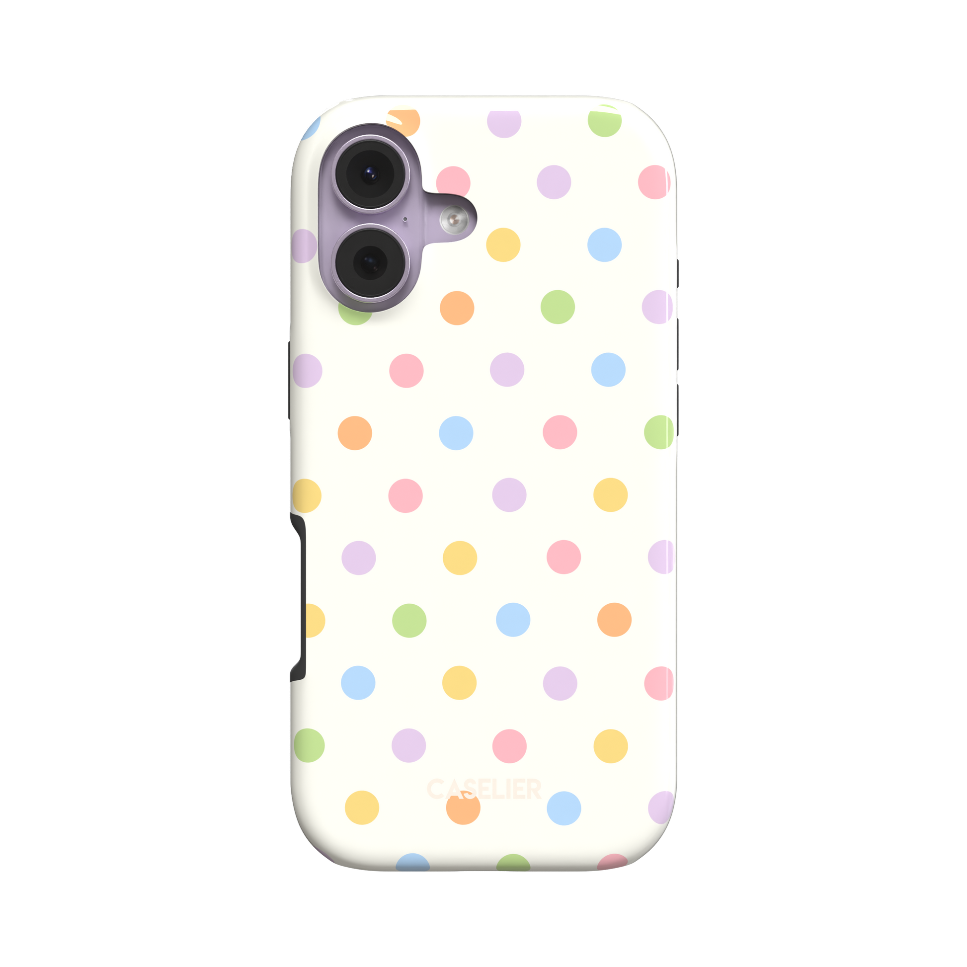 Polka dot phone case with cream white background and multicoloured pastel dots in pink, lilac, orange, yellow, blue and green, phone case by Caselier - tough case, front view | Caselier