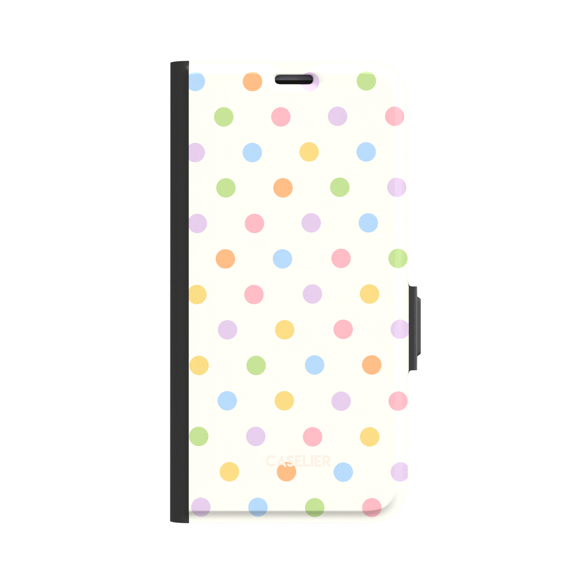 Polka dot phone case with cream white background and multicoloured pastel dots in pink, lilac, orange, yellow, blue and green, phone case by Caselier - wallet case, front view | Caselier