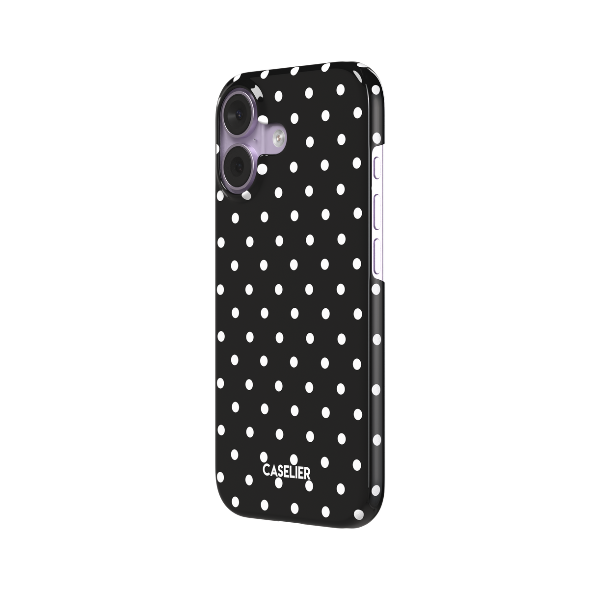Polka Freckles, white polka dots on a bold black background, snap case, right view, phone case by Caselier