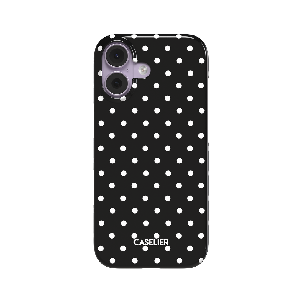 Polka Freckles phone case in black with a classic all-over white polka dot pattern, glossy finish, phone case by Caselier - snap case, front view | Caselier